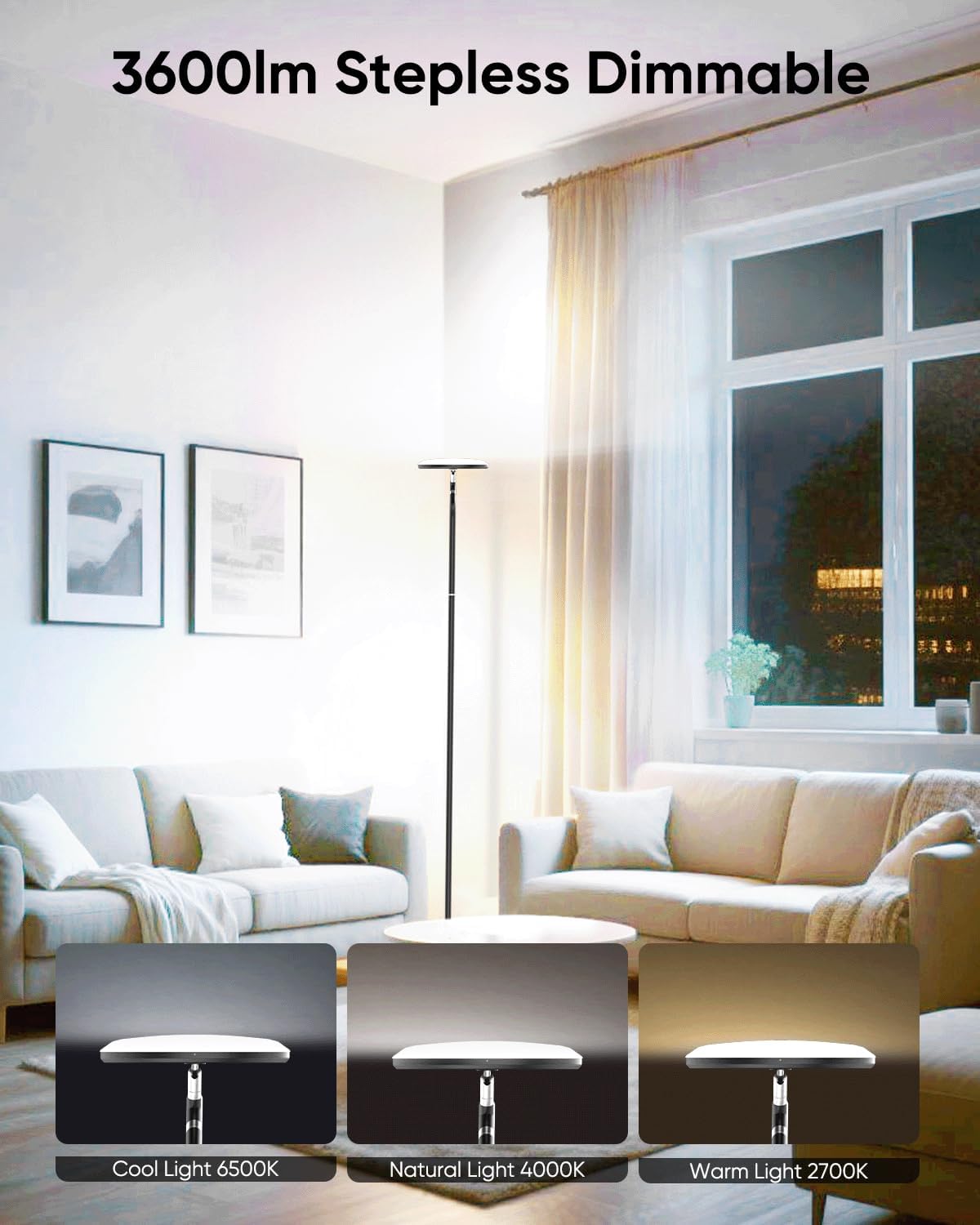 LED Floor Lamp, 36W Super Bright Standing Lamp with Remote & Touch Control, 69" Stepless Dimmable Torchiere Tall Lamp, 350° Rotating Head Floor Lamp for Bedroom, Living Room, Office, Black
