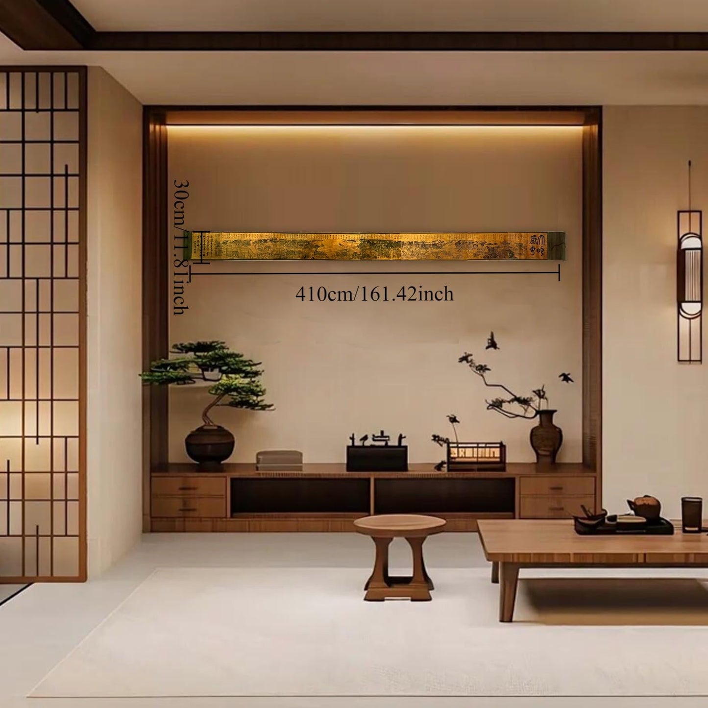 Handscroll Painting Super Long Poster Prints for Wall Decor,Japanese Chinese Emakimono Style Scroll artwork,Reproduction Woven Paper Oriental Library (11 x 161 inches) (Brown Architecture)