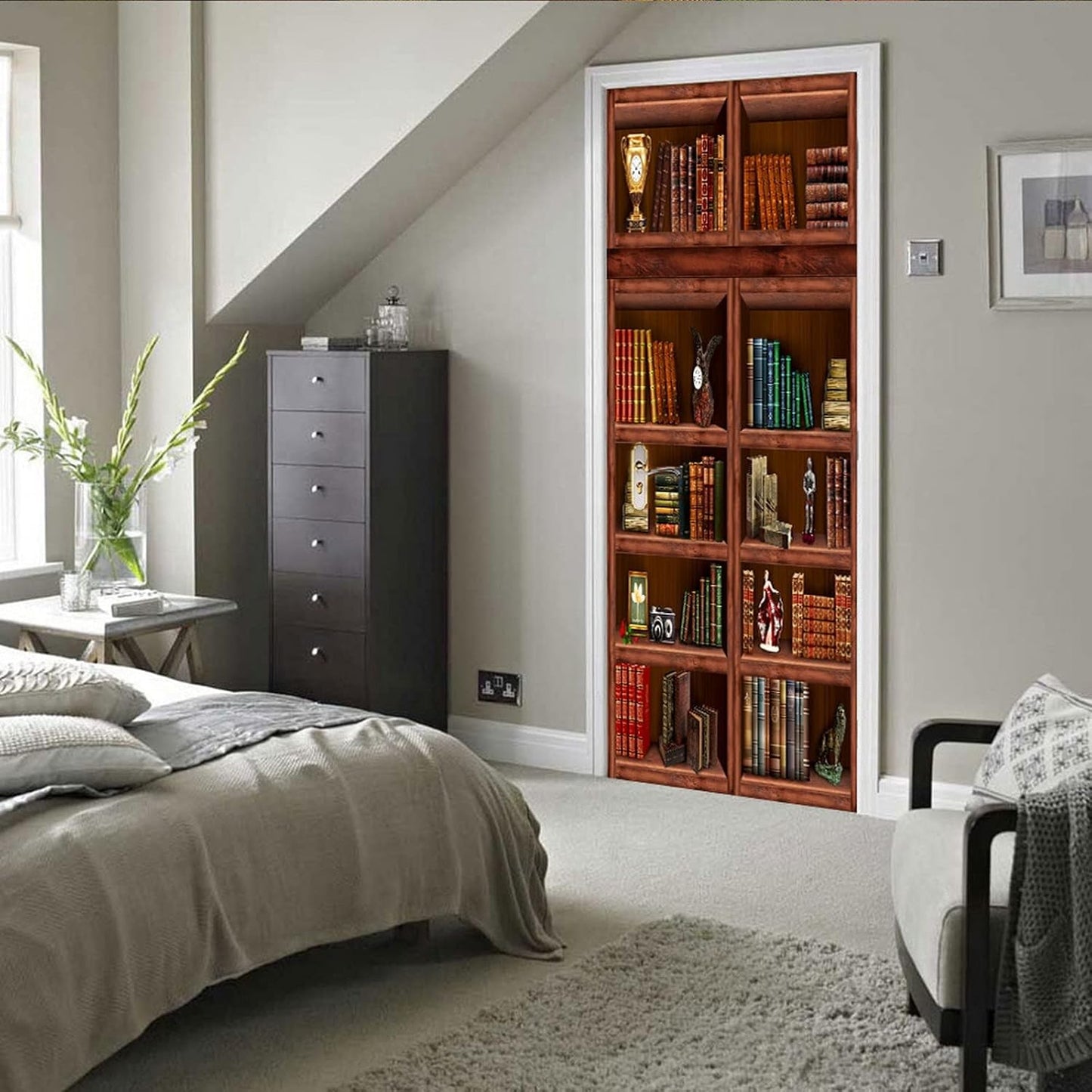 3D Door Stickers for Interior Doors Retro Bookshelf Book Cabinet in Study Room Vinyl Waterproof Self Adhesive Door Mural Decals for Bedroom Office Bathroom 85 x 215 cm