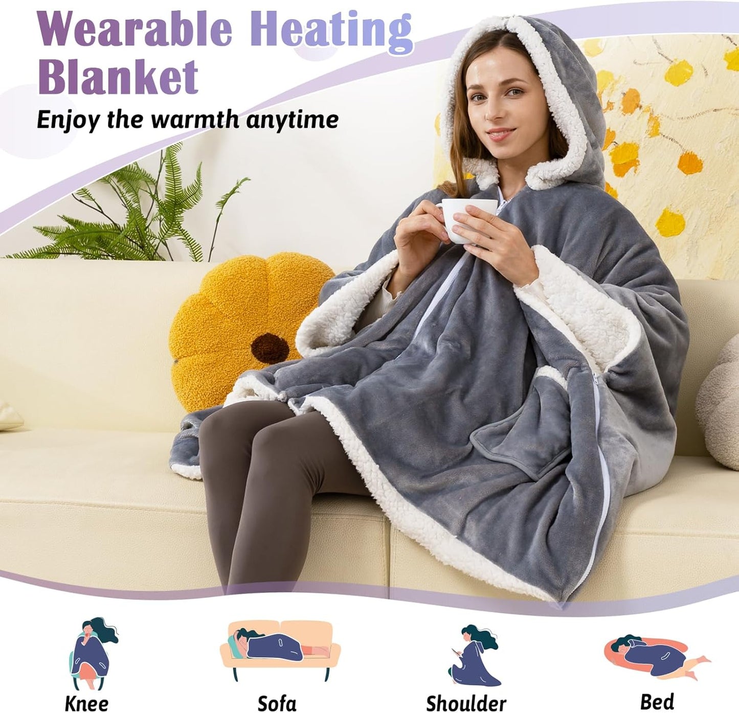 Wearable Heated Blanket Heated Shawl, Electric Throw Blanket with Zipper Design, Hood, Heated Hoodie Blanket with 8 Heat Levels, 1-10H Auto-Off Time Settings, Gift for Family, Friends, 60 * 50"