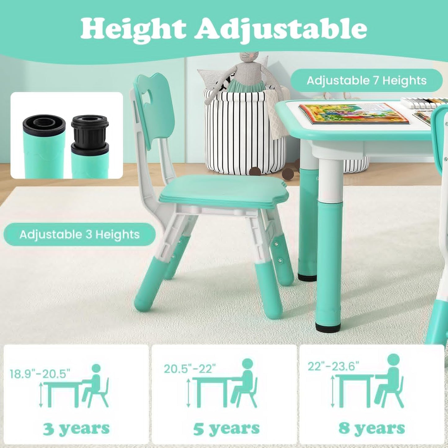 INFANS Kids Table and Chiar Set, Height Adjustable Toddler Desk and 4 Chairs with Graffiti Desktop Non-Slip Legs, Large 47" L x 23.5" W Multi-Activity Art Table for Daycare Classroom Home (Green)