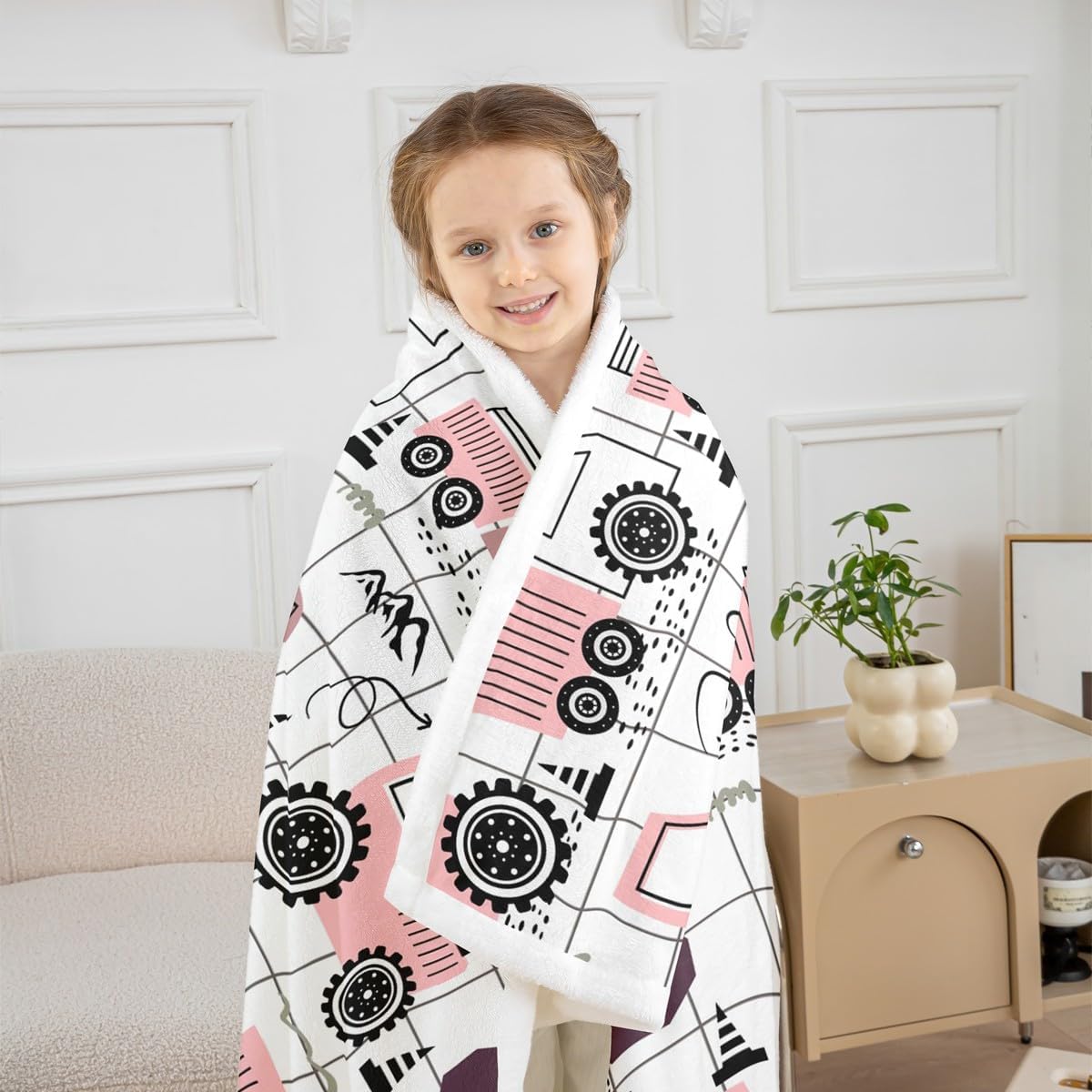 Feelyou Construction Fleece Throw Blanket for Girls Boys Kids Baby 30"x40" Cartoon Car Excavator Tractor Plush Blanket Equipment Trucks Sherpa Blanket Plaid Pink Black Theme Fuzzy Blanket
