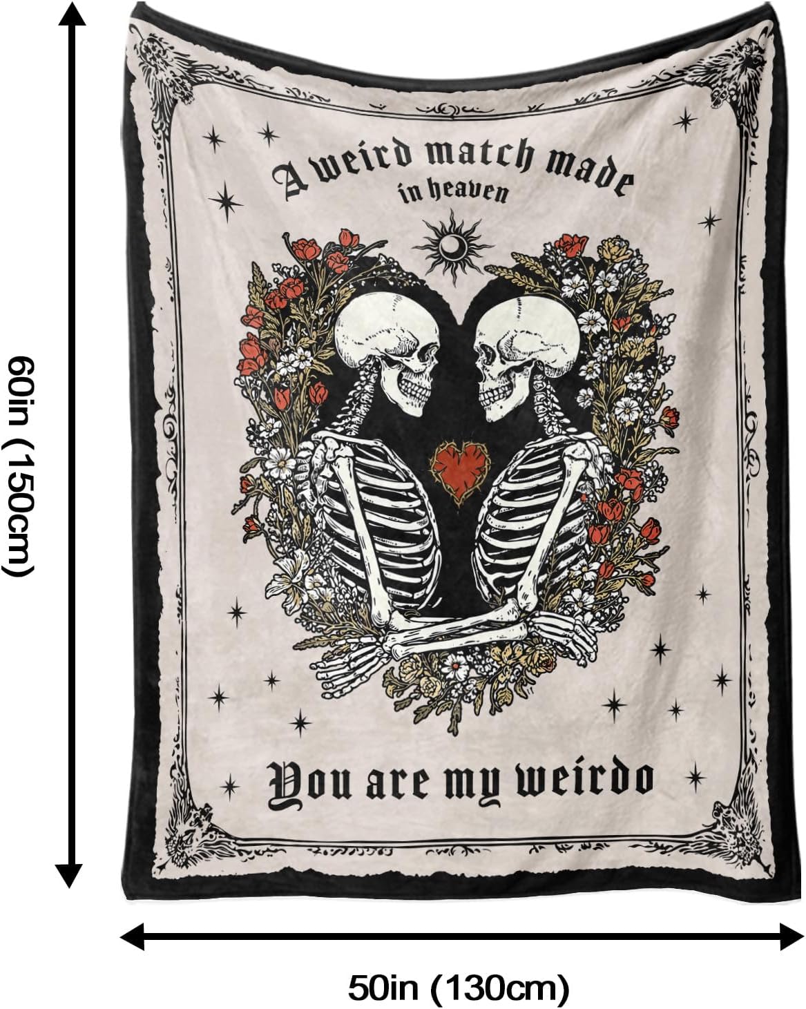 Skull Gothic Throw Blanket Soft Lightweight Cozy Flannel Skeleton Romantic Sun Star Rose Floral Blanket for Couch Bed Sofa, for Wedding Couples (50''×60'', Skeleton-2)