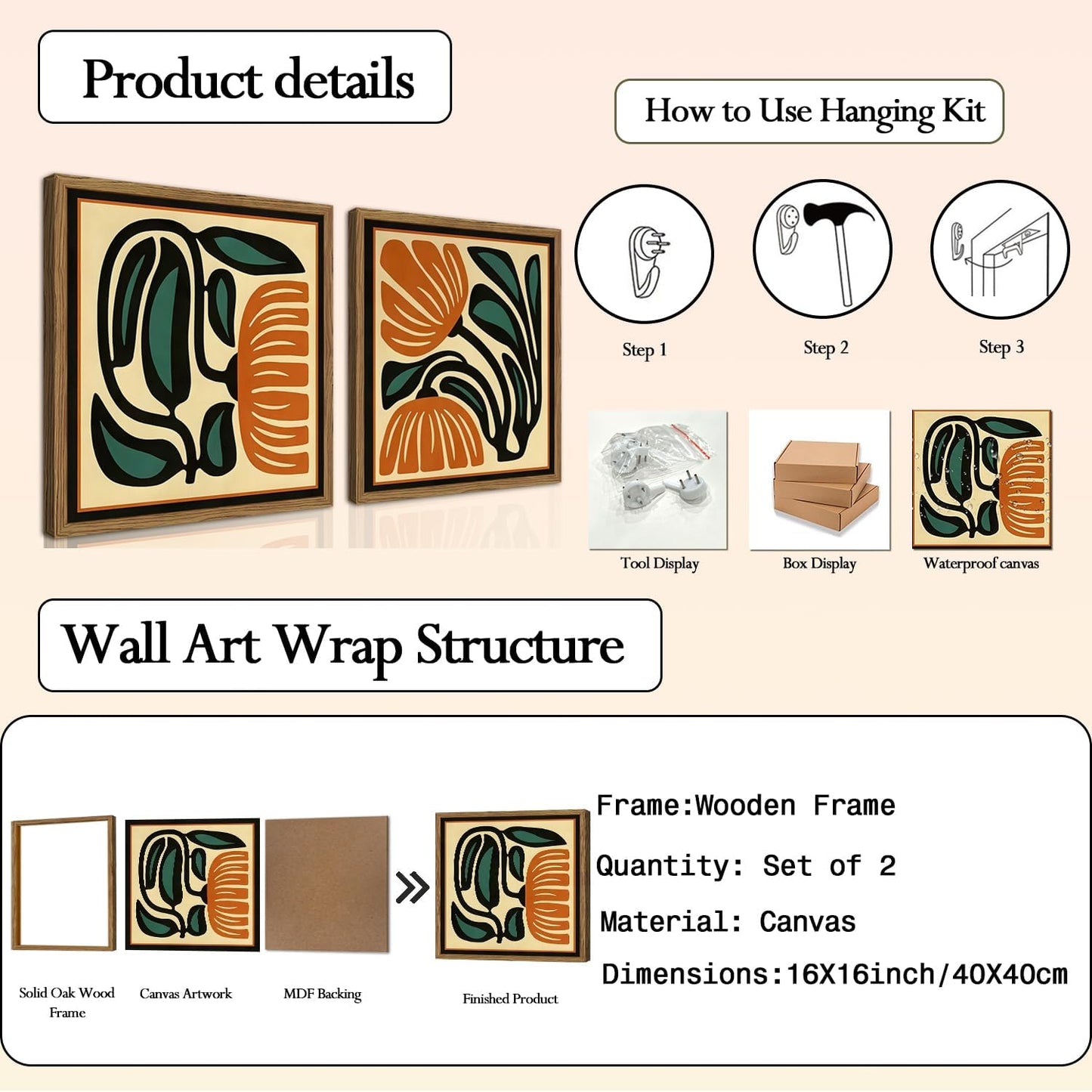 Mid Century Floral Wall Art Set of 2, Modern Square Abstract Botanical Wall Decor Picture, Vintage Boho Eclectic Plant Canvas Prints Paintings for Bedroom Living Room 16x16 inch Wood Framed