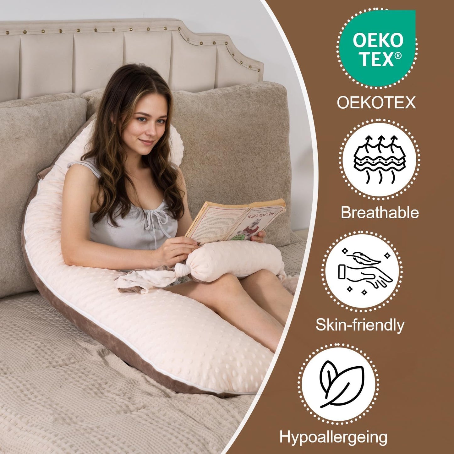 Long Body Pillow for Adults, Full Body Pillow with Mini Candy Pillow, Adjustable Height, Firm Support for Side Sleeping, Kids & Pregnancy, Soft & Breathable, Washable (55 Inch, Velvet Brown)