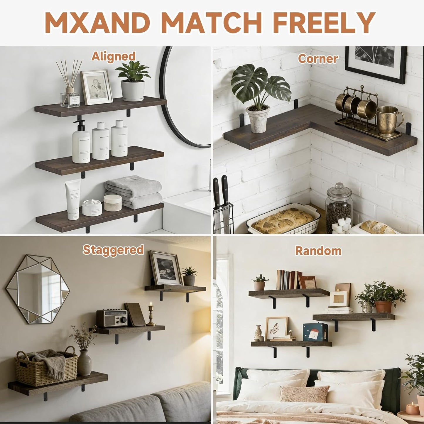 LifetimeWarranty Wall Shelves With Brackets, NOT Floating Easy Install 15.7Inch Solid Wood Shelf 3PCS,Picture Ledge Display Shelf for Living Room Bedroom Kitchen,House Decor Shelf for Book Plant Frame