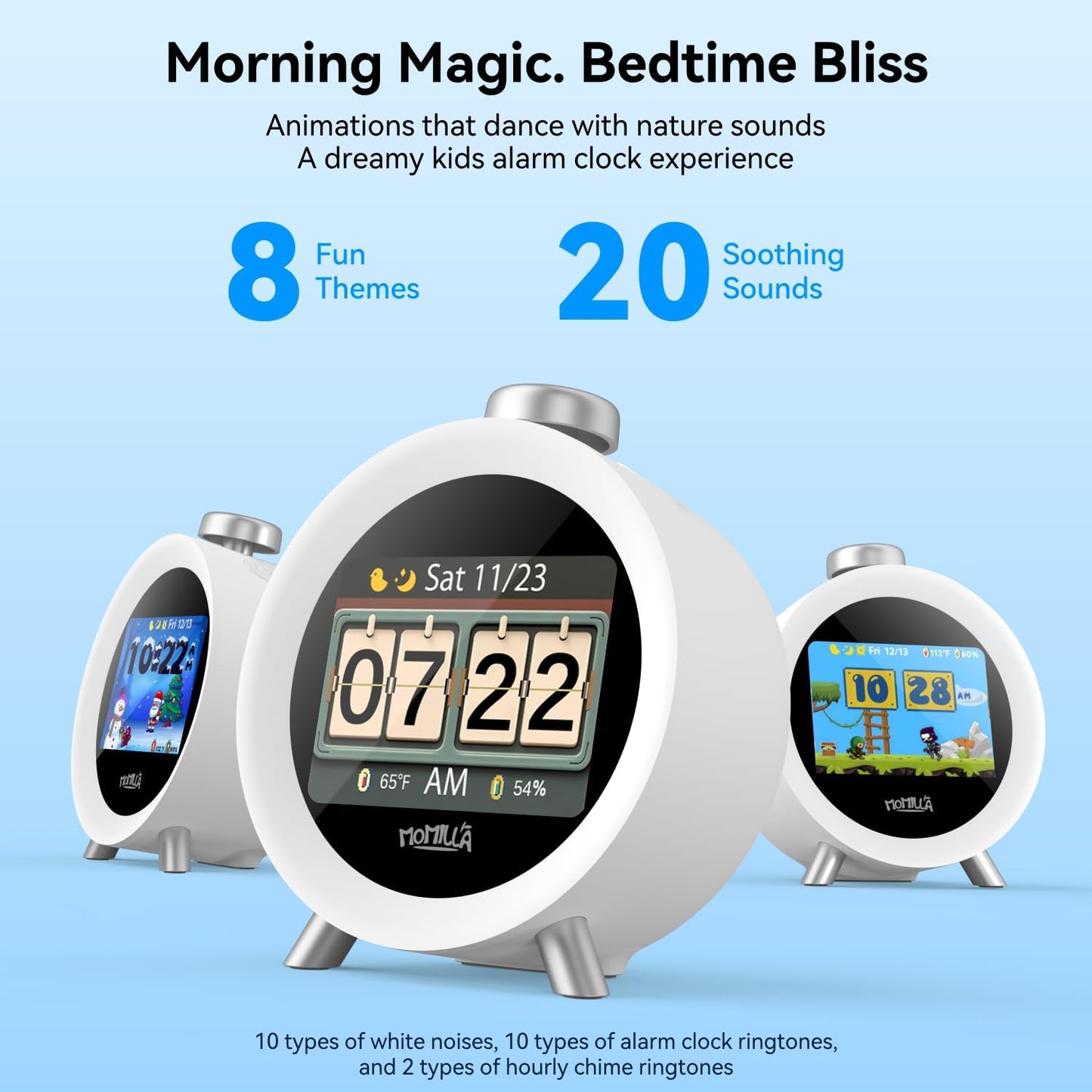 MOMILLA Alarm Clock for Kids Bedrooms, 7-Day Programmable 4 Alarms 8 Colorful Themes, Loud Clock for Heavy Sleepers Adults Teen Boys Girls, Easy to Set, White Noise Sound Machine, Hourly Chime