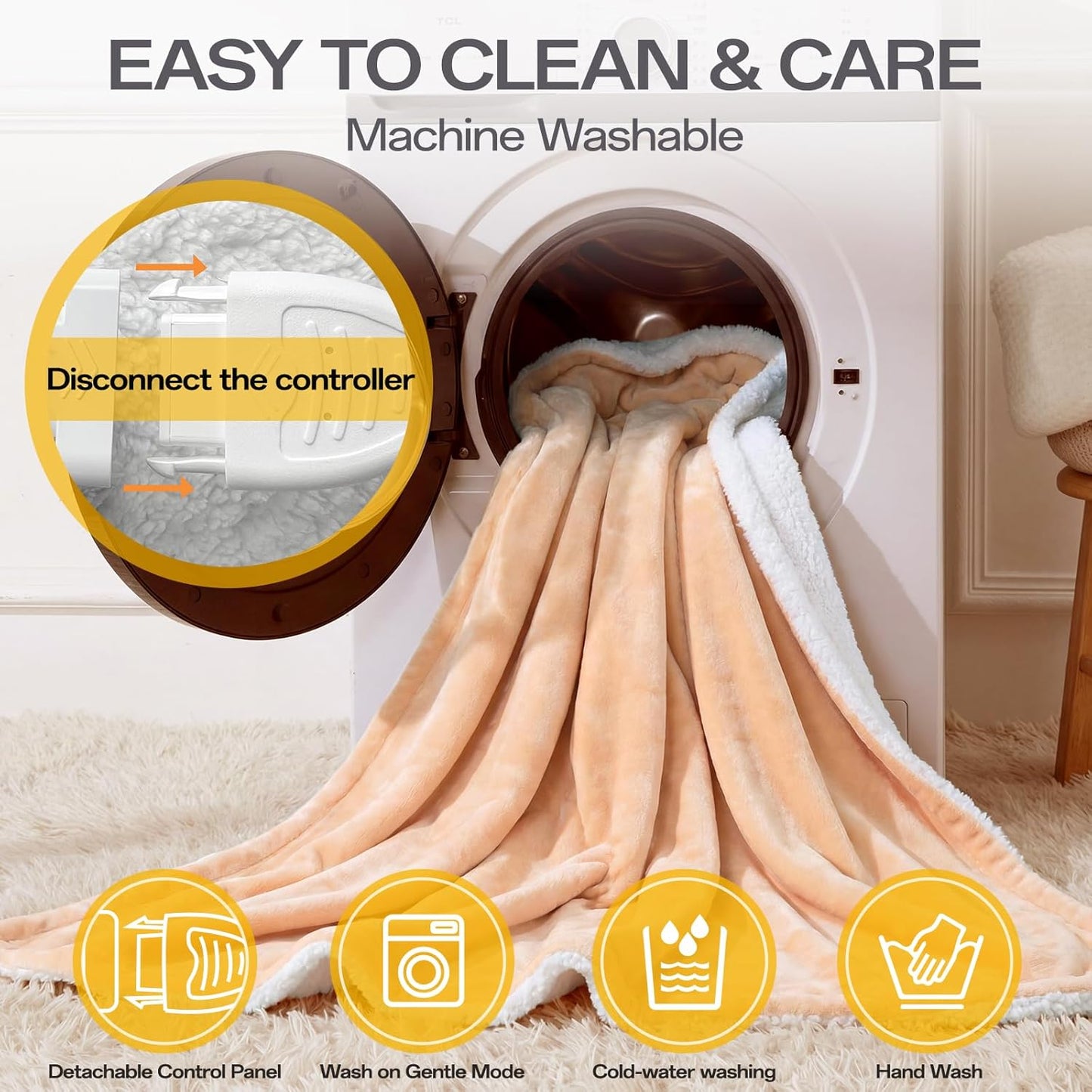 Wearable Heated Blanket with Foot Pocket, Wearable Electric Throw Blanket with Sleeves, Flannel & Sherpa Heated Throw Blanket with 6 Heat Settings, 1-12 Hours Auto Shut-Off, 52"x72", Beige