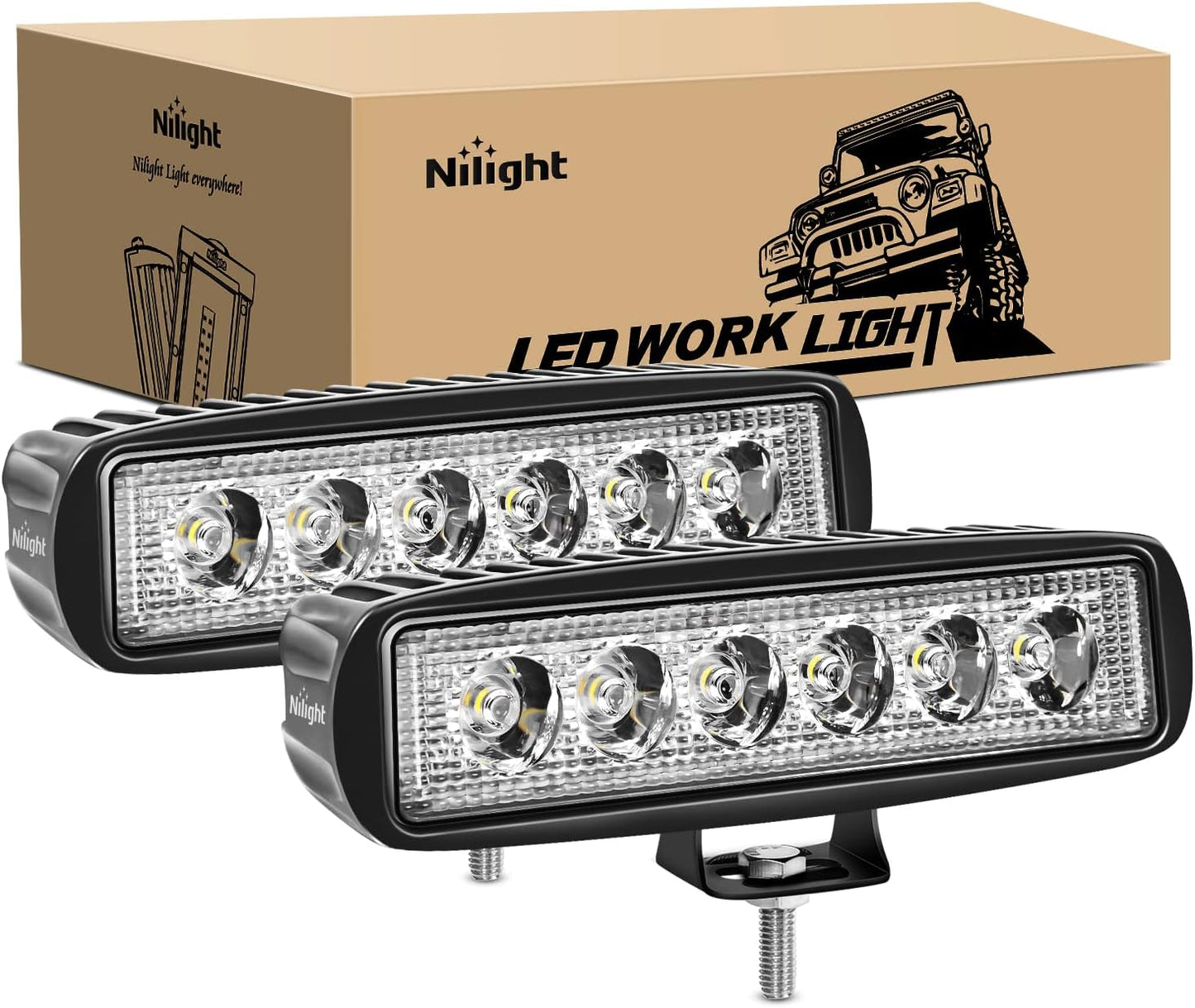 Nilight LED Light Bar 2PCS 18W 6Inch Flood LED Pods Offroad Fog Light Waterproof for Boat SUV ATV 4WD Car Truck Golf Cart 12V 24V,2 Years Warranty