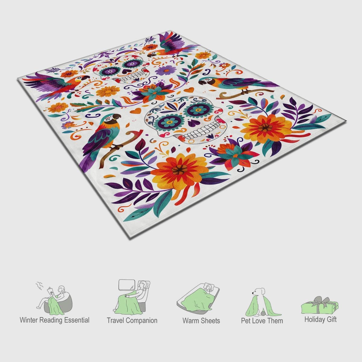 Sugar Skull Fleece Blanket, Day of The Dead Design with Parrots and Flowers, Colorful Mexican Folk Art Theme, Halloween Blankets Fuzzy Gifts for Sofa Couch Bedroom (60 x 80 inch)