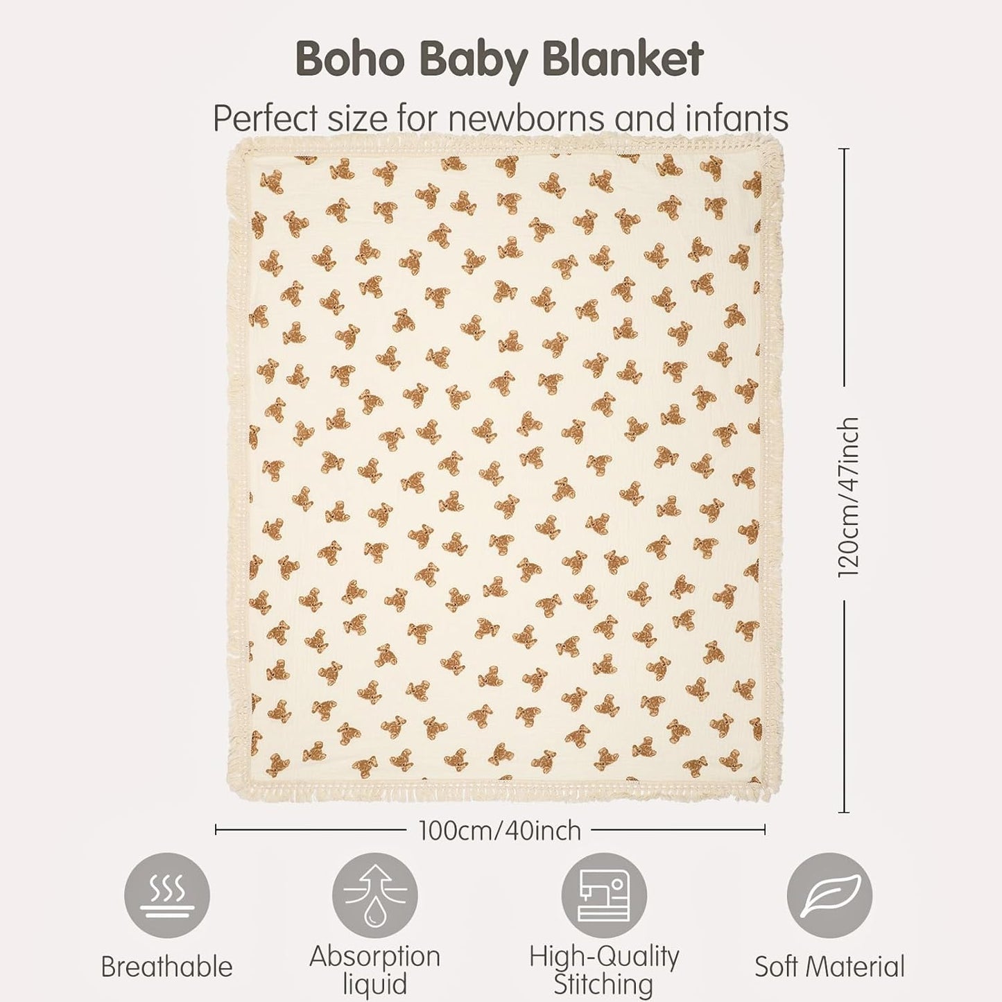 insular Cotton Muslin Baby Blanket with Tassel, Boho Bohemian Muslin Swaddle Blanket Baby Receiving Blanket with Fringe, Nursery Decor Throw or Nursing Blankets, 47" x40”, Little Bear