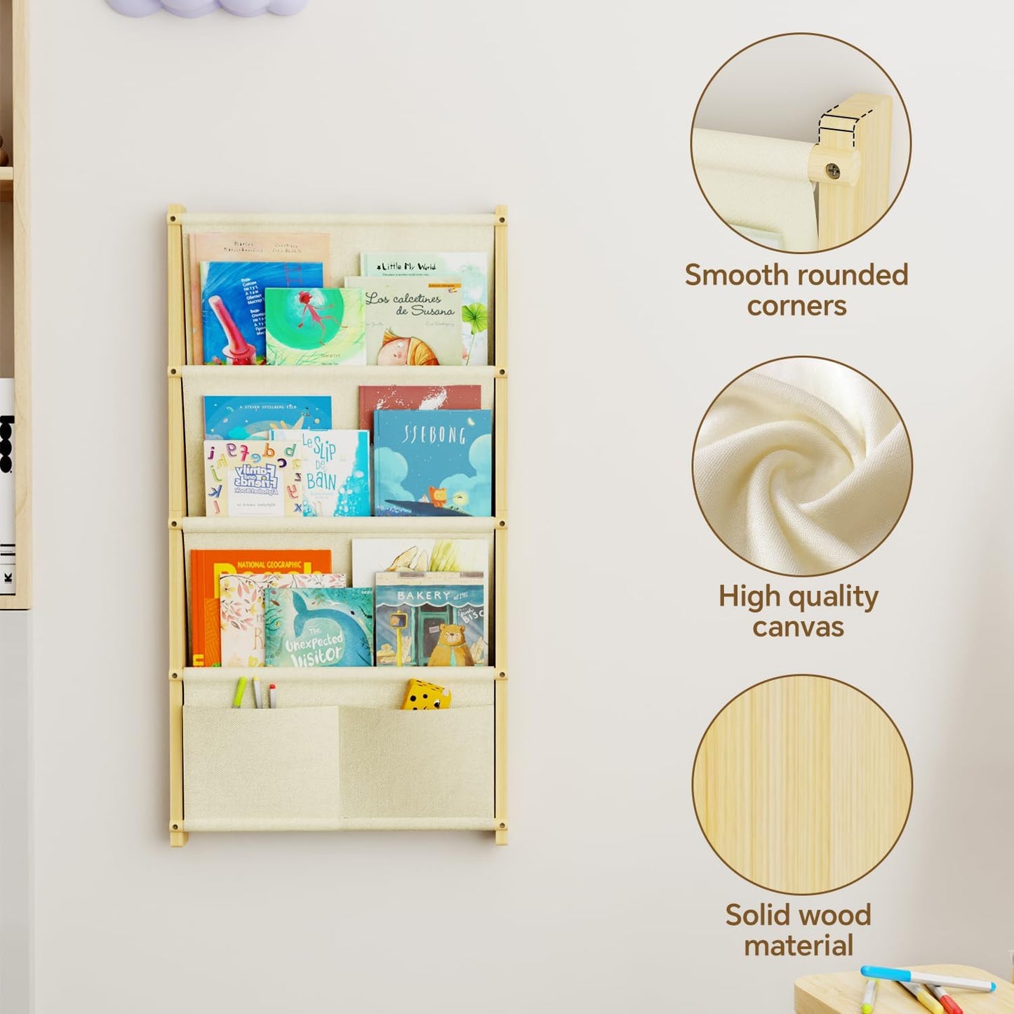 Wood 4-Tier Wall Mounted Kids Bookshelf – Floating Book Shelf For Kids Rooms,Nursery & Classroom, Hanging Bookcase Organizer For Books, Toddler Book Shelf, Montessori Bookshelf, Nursery Shelves
