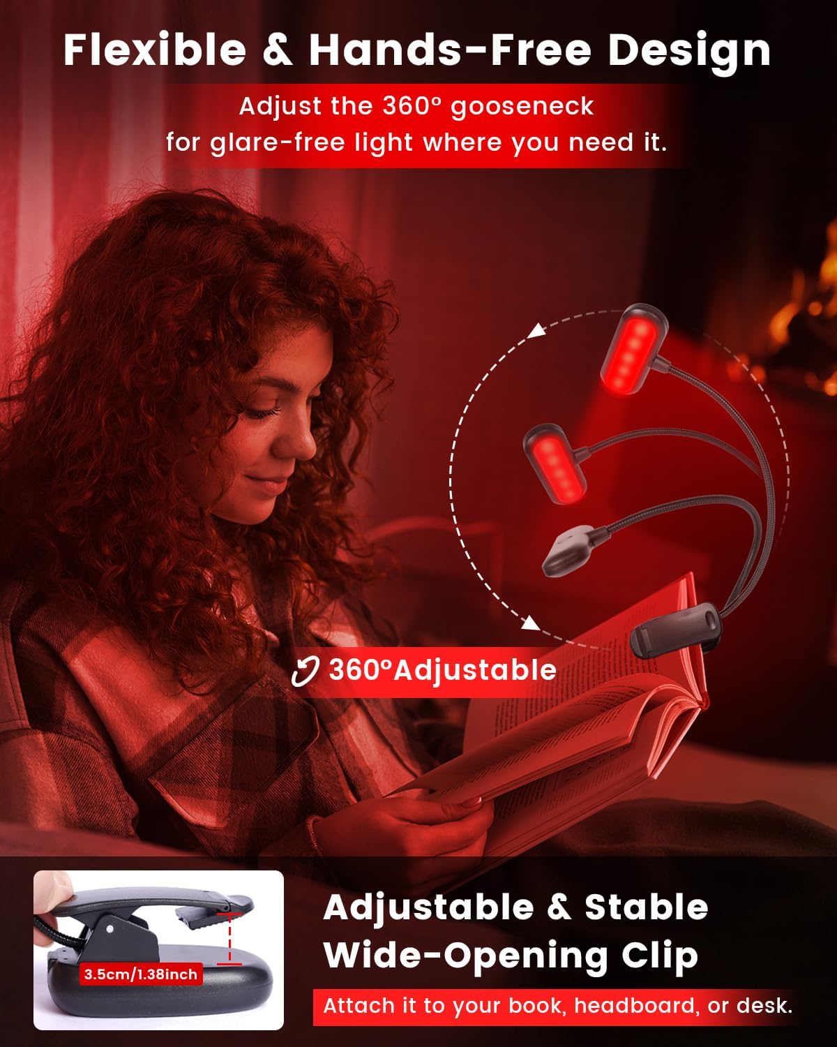 670nm Red Light Book Light for Reading in Bed, Dimmable USB Rechargeable Clip On Red Night Light for Sleep,Eye Comfort, Adjustable Brightness,Portable Booklight with Memory Function