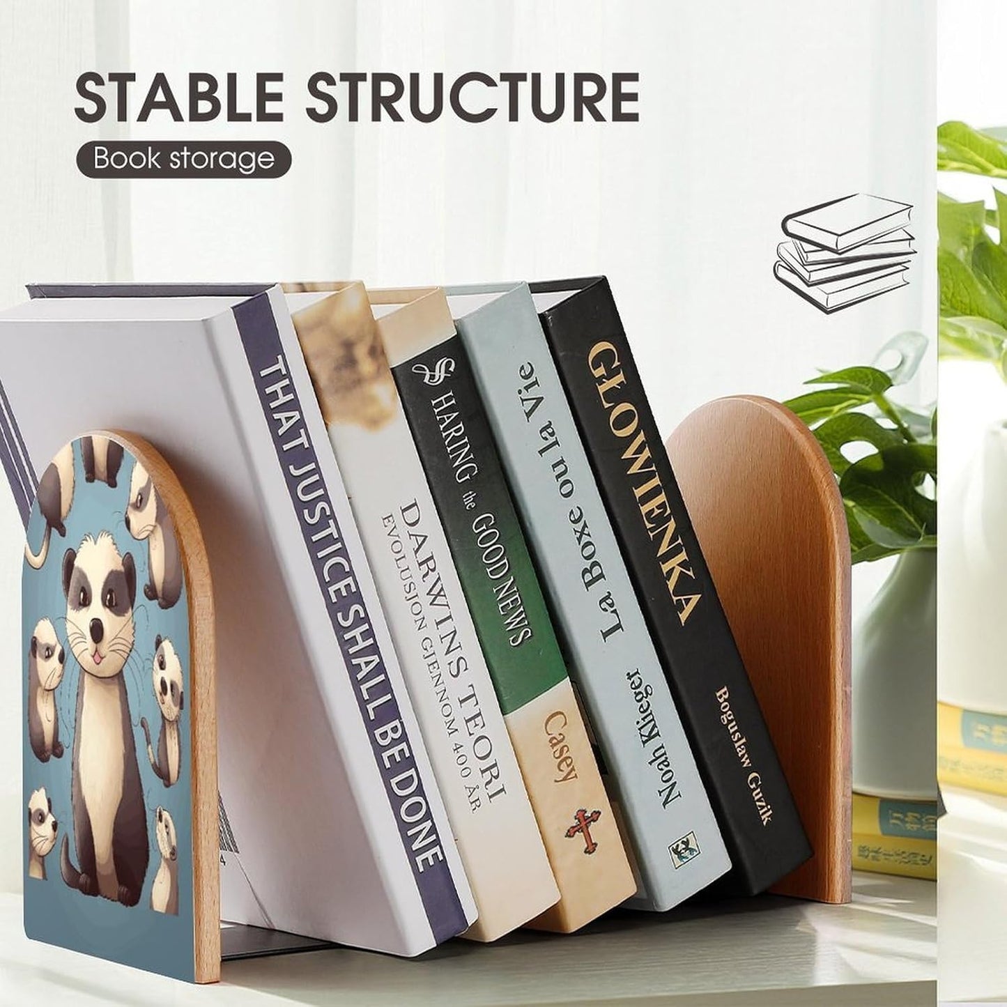 Hairy Ferret Bookend for Shelves Wooden Book End Large Size Sturdy Book Holders Stoppers with Metal Base for Bookshelves Slick Decorative Bookends Stands