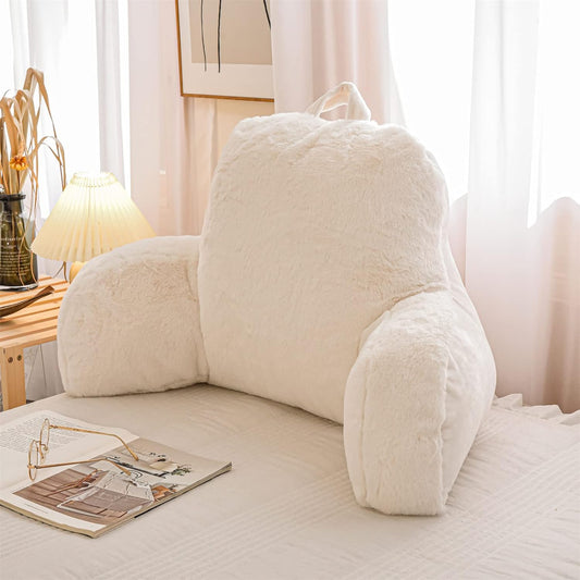 Reading Pillow with Arms — Large Faux Fur Wedge Backrest for Bed & Couch, Adults & Children (Ivory)