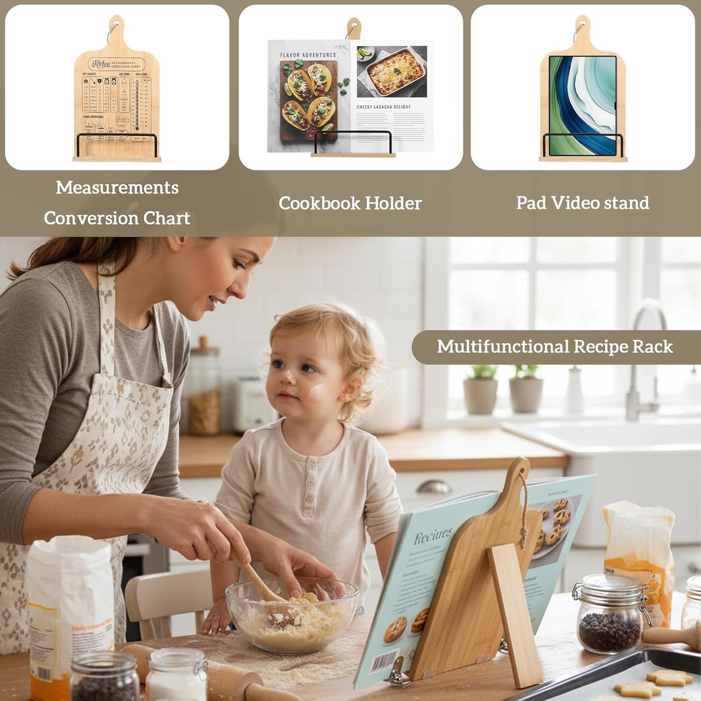 Bamboo Cookbook Stand for Kitchen Counter, Foldable Cook Book Holder with Measurement Conversion Chart Recipe Book Stand Essential Accessories for Holding Cookbooks