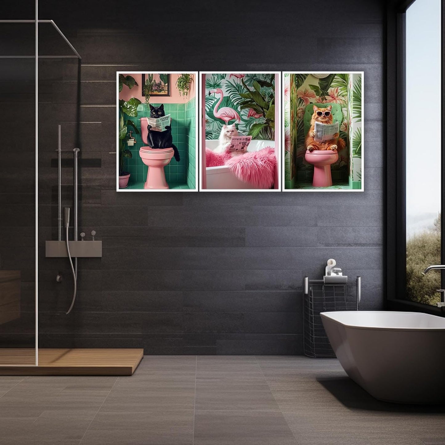 Funny Black Cat Orange Cat Toilet Art Bathroom Tropical Print White Print Reading Posters Animal Canvas Wall Art For Toilet Room Decor Aesthetics Set of 3 12X16 in Unframed