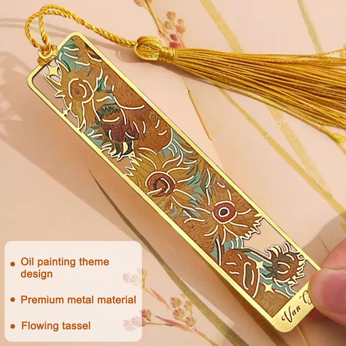 6 Pcs Metal Bookmark with Tassels, FineGood Golden Hollow Bookmarks for Women Oil Painting Book Marks for Reading Book Lovers