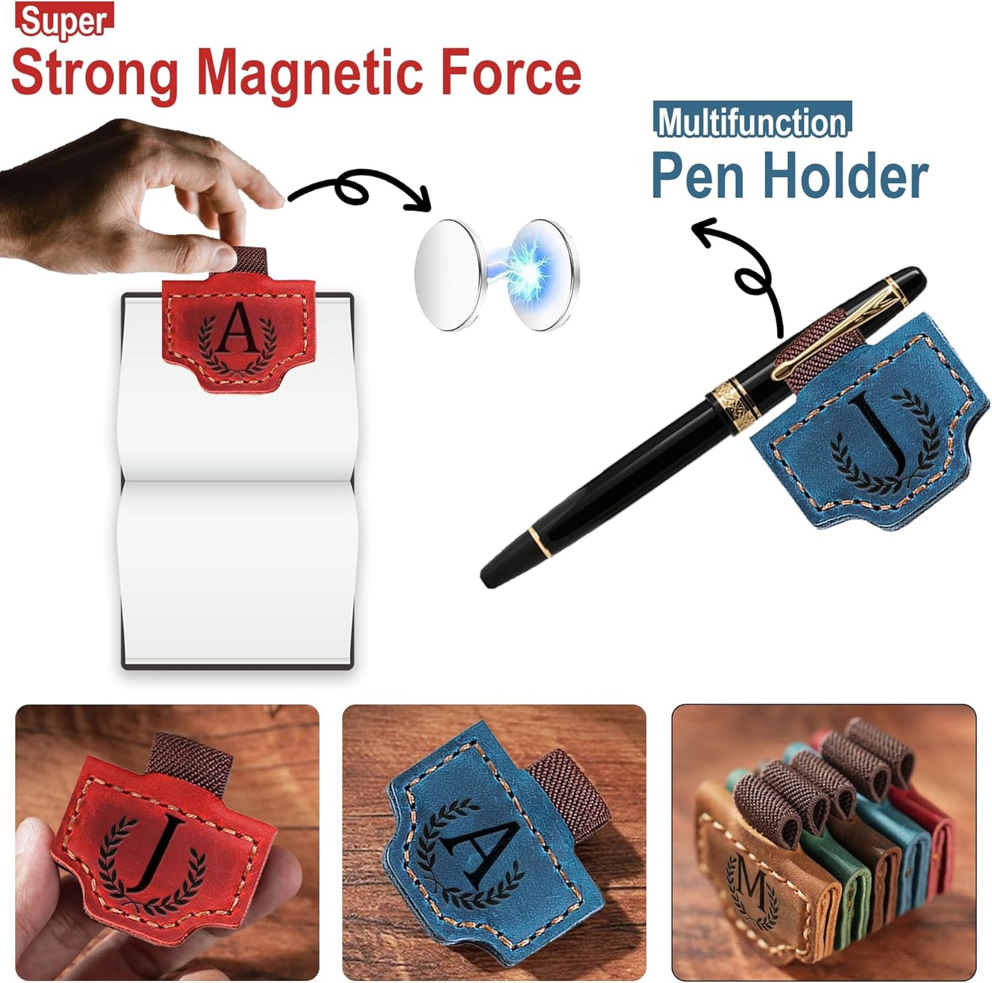 Personalized Leather Magnetic Bookmark with Pen Holder, Bookmark 26 Letters Name Initial Bookmarks for Readers, Book Lover Gifts for Women Men Notebook Accessories (Brown, A)