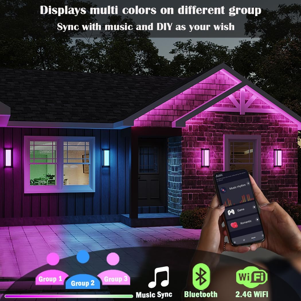 Color Changing Outdoor Wall Lights, Ambiance Exterior Wall Lights Up Down Lights Outdoor, Waterproof Square Porch Lights 2.4GHz WiFi APP Control Outdoor Light Fixture for Home Theater