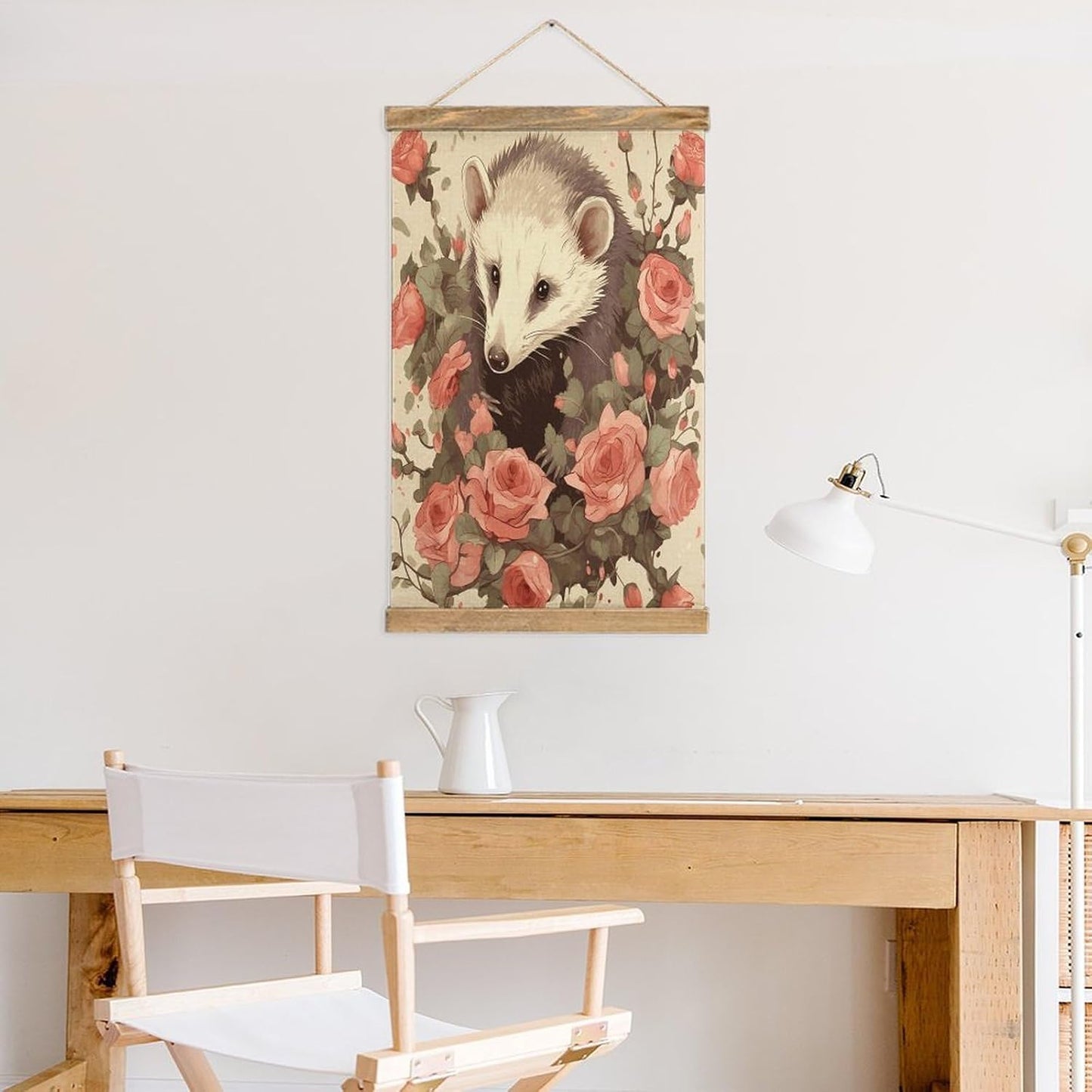 Vintage Opossum And Roses Poster with Wooden Frame Personalized Linen Hanging Scroll Painting Rustic Wall Hanging Illustrative Modern Artwork Decor for Home Living Room Bedroom Office