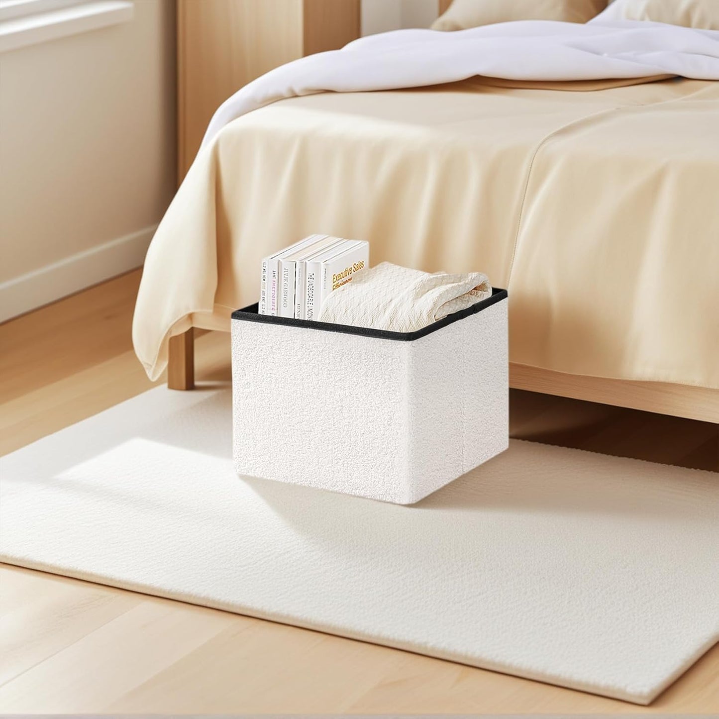 16.5in Small Storage Ottoman Foldable Sherpa Top Storage Bench,Foot Rest/Step Stool for Bedroom Dorm Entryway, Space Saving for Small Spaces- White