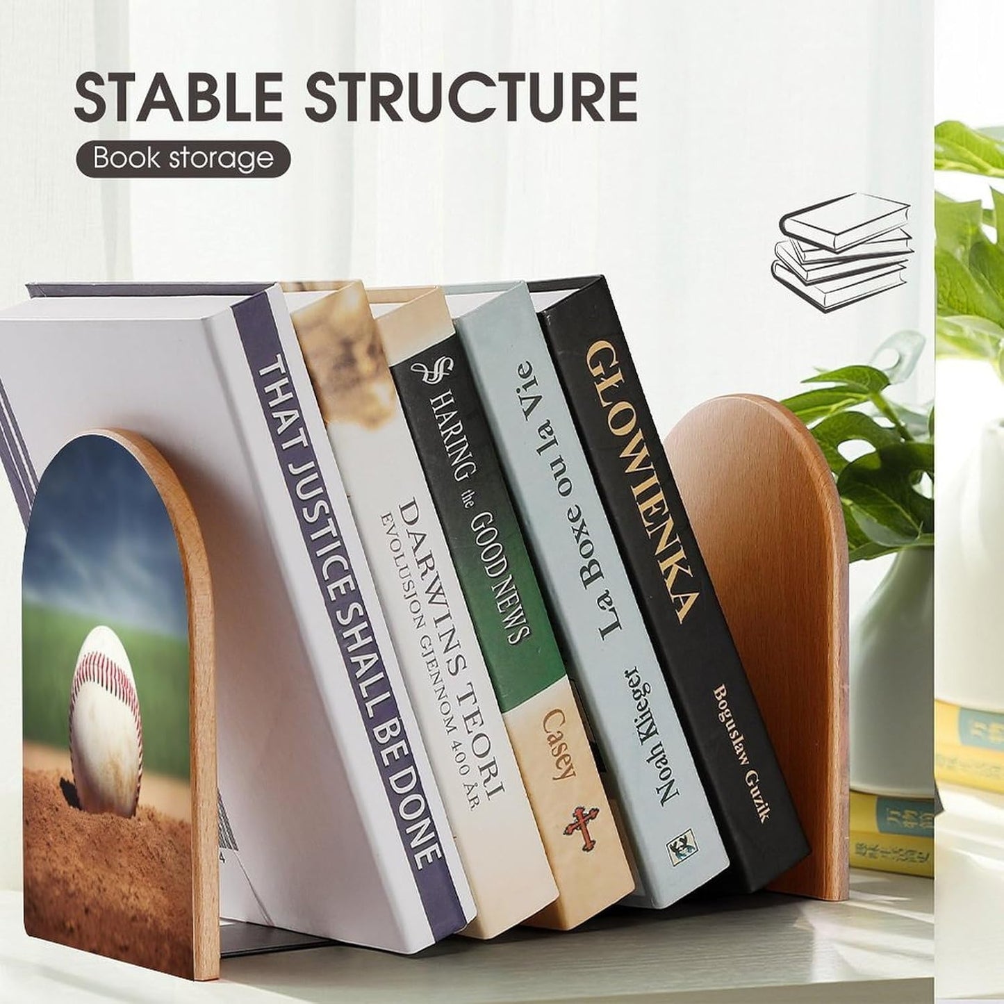 Baseball Bookend for Shelves Wooden Book End Large Size Sturdy Book Holders Stoppers with Metal Base for Bookshelves Slick Decorative Bookends Stands