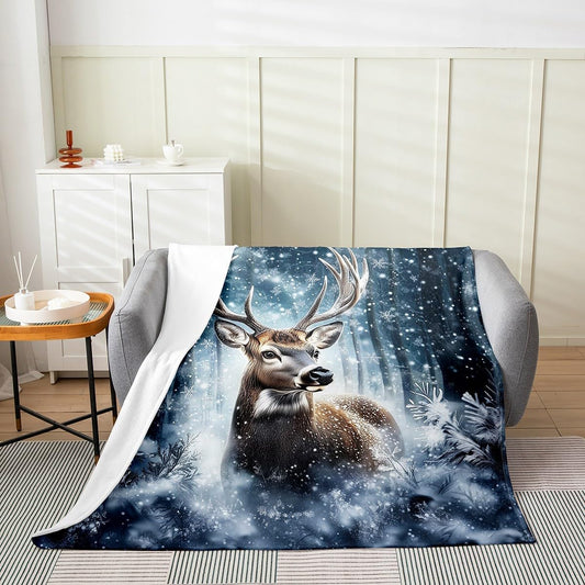 Erosebridal 3D Deer Blanket Queen 90x90, Safari Wild Animal Throw Blanket For Kids Girls Boys, Elk Snowflakes Hunting Microfiber Fleece Blanket For Sofa Bed Couch, Woodland Wildlife Cozy Fuzzy Blanket