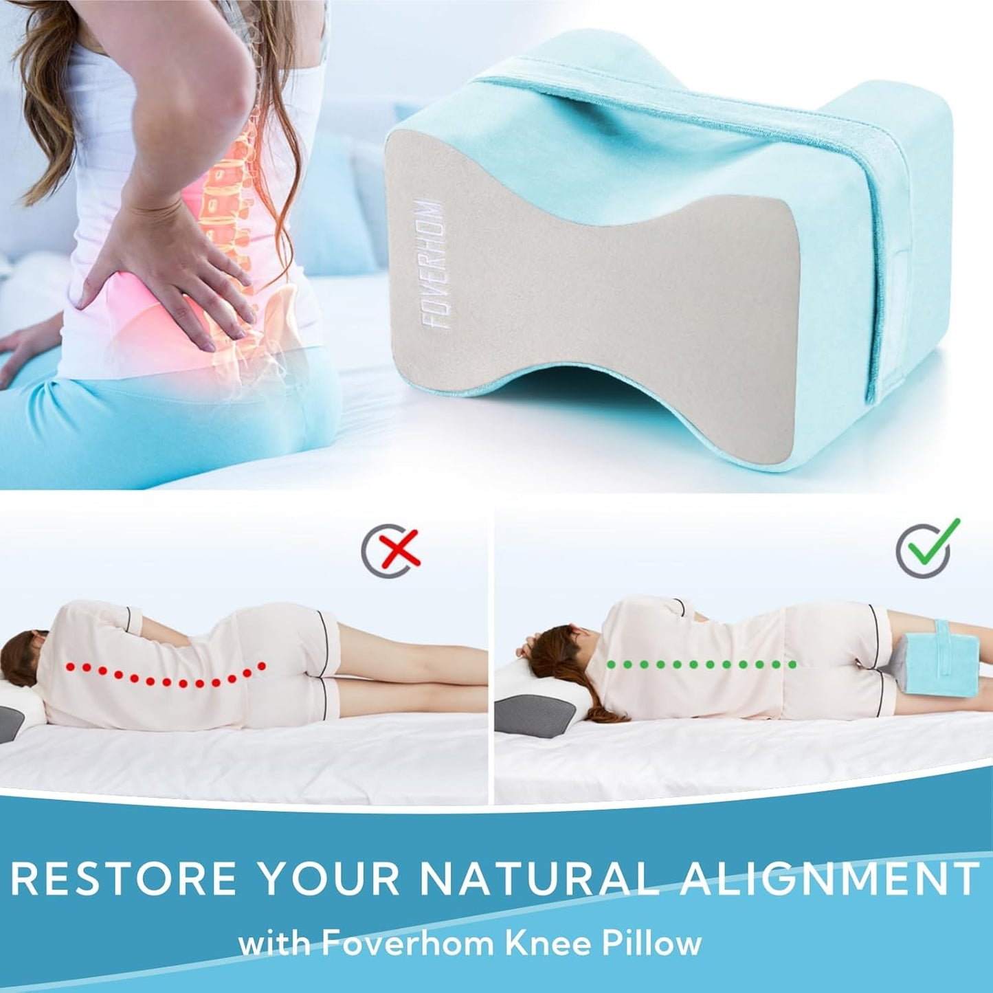foverhom Memory Foam Knee Pillow,Orthopedic Leg Pillow for Sciatica Relief,Back Pain, Pregnancy, Leg Pain, Hip Pain and Sciatica Relie,Blue