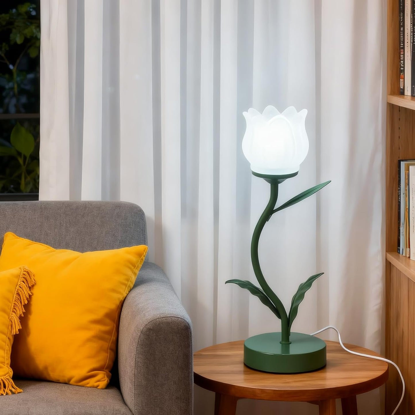 Flower-shaped table lamp, LED eye-protecting reading bedside retro night light, 3 color modes of cute bedside lamp decoration, living room and bedroom lighting table lamp home decoration (dark green)