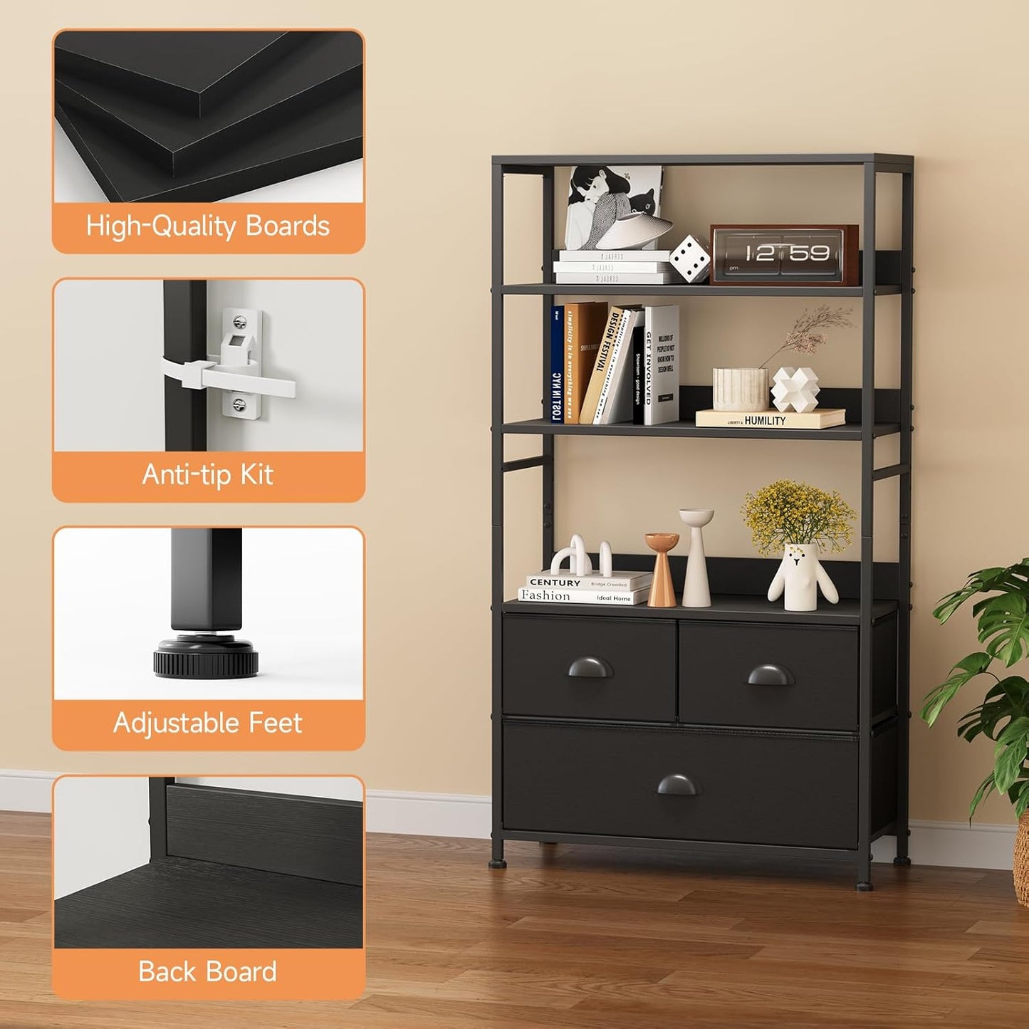 6 Tier Bookshelf, 47-Inch Small Bookcase with 3 Fabric Storage Drawers, Wood and Metal Book Shelf Storage Organizer, Industrial Display Standing Shelf Unit for Bedroom, Living Room, Black