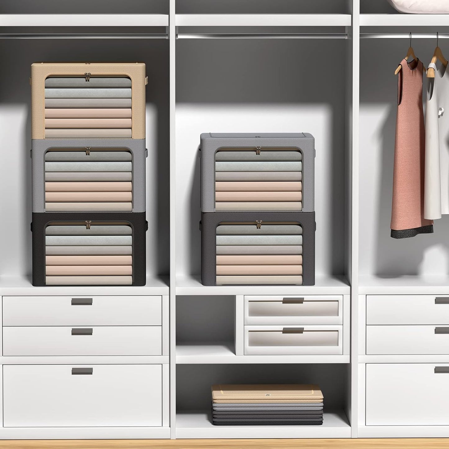 CYhom 4 Pack Clothes Storage Bins - Oxford Fabric Metal Frame Storage Box - Foldable Stackable Container Organizer Set with Clear Window & Carry Handles & Zippers (Beige, 23.6"x19.7"x15.7")