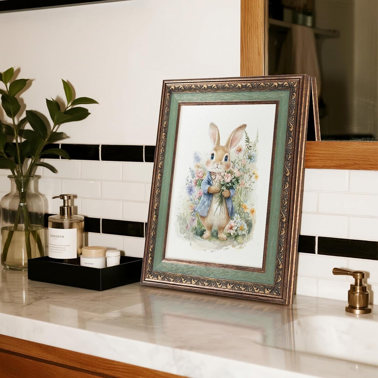 HUARCEY Bunny with Bouquet Canvas Wall Art Vintage Relief Gold Framed, Cute Rabbit Wildflower Meadow Print Rustic Floral Artwork, Farmhouse Animals for Easter Mother's Day Decor Gift 13"×16"