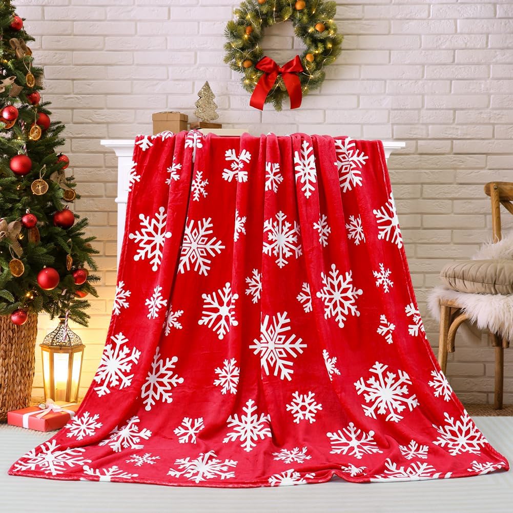 Christmas Red Throw Blanket White Snowflake Throw Blanket Xmas Winter Holiday Cozy Fuzzy Plush Throw Blankets Super Soft Lightweight Throw Blankets for Women Men 50" X 60"