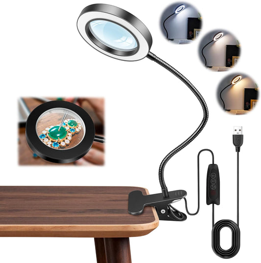 10X Magnifying Glass with Light, 2 in 1 Magnifying Desk Lamp Clip on Mganifier with Light, 3 Color Modes 10 Brightness Levels, 58 LED Clip on Reading Lamp for Bed Crafts DIY Repair,No Adapter