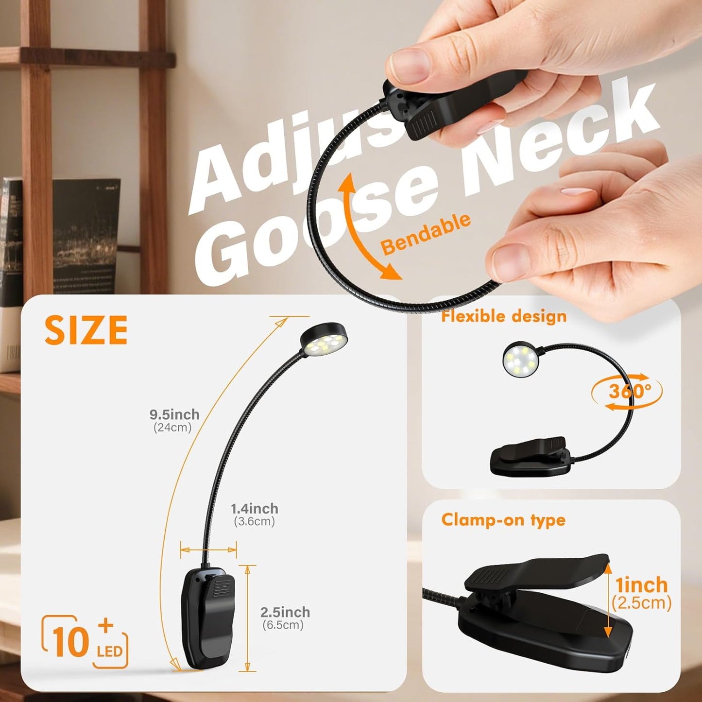 2 Pack 10 LED Rechargeable Book Light for Reading in Bed - Eye Caring 3 Color Temperatures, 3 Adjustable Brightness, Long Runtime Small Lightweight Clip On Book Reading Light for Studying