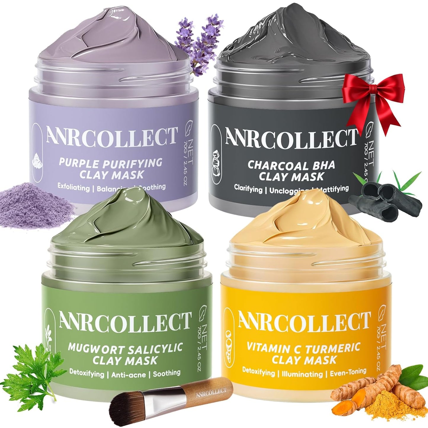 ANRCOLLECT 4-Pack Clay Face Mask Set (280g Total) - Vitamin C Turmeric, Charcoal BHA, Mugwort Salicylic & Purple Clay Masks for Deep Pore Cleansing, Oil Control & Blackhead Removal - Skincare Gift Set