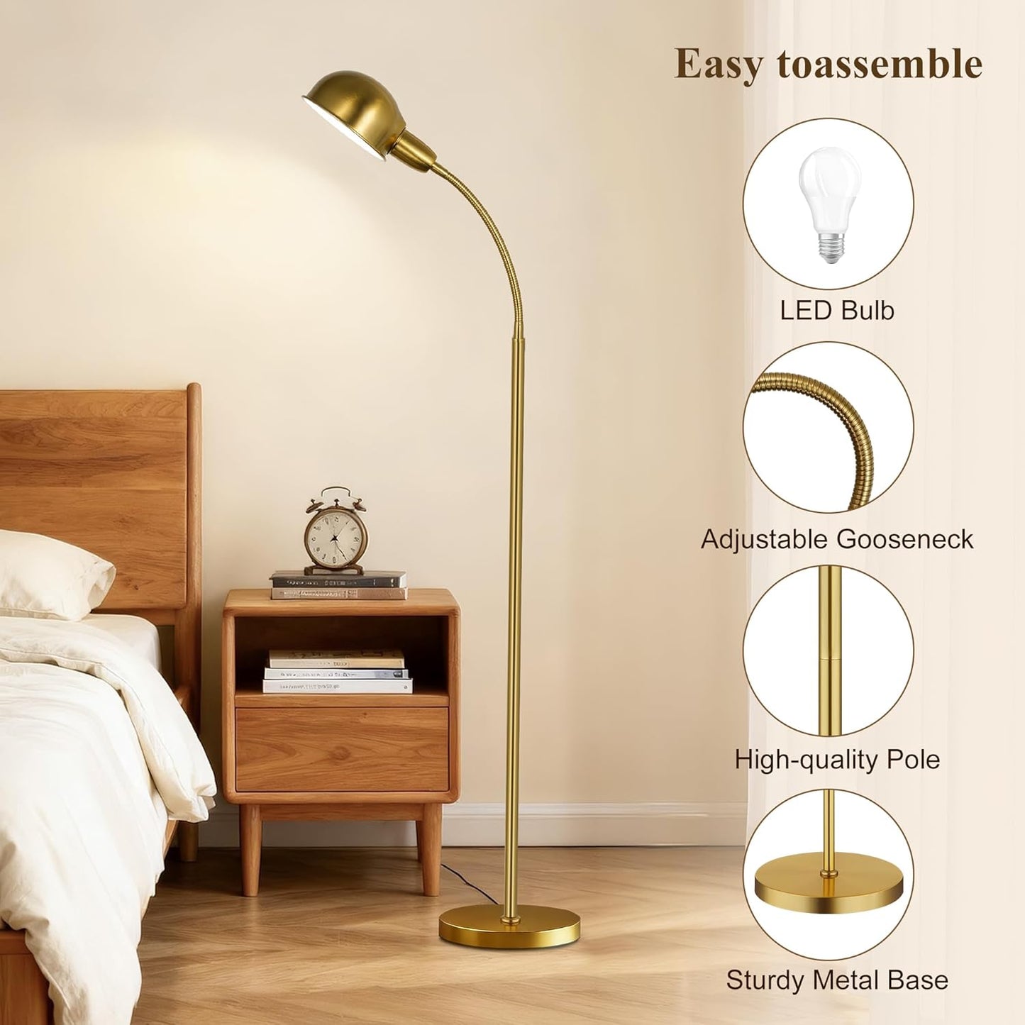 Floor Lamp for Living Room, 63" Standing Lamp with Adjustable Gooseneck, 3 Color Temperatures, Industrial Gold Floor Lamp Reading for Bedroom, Office, 9W LED Bulb