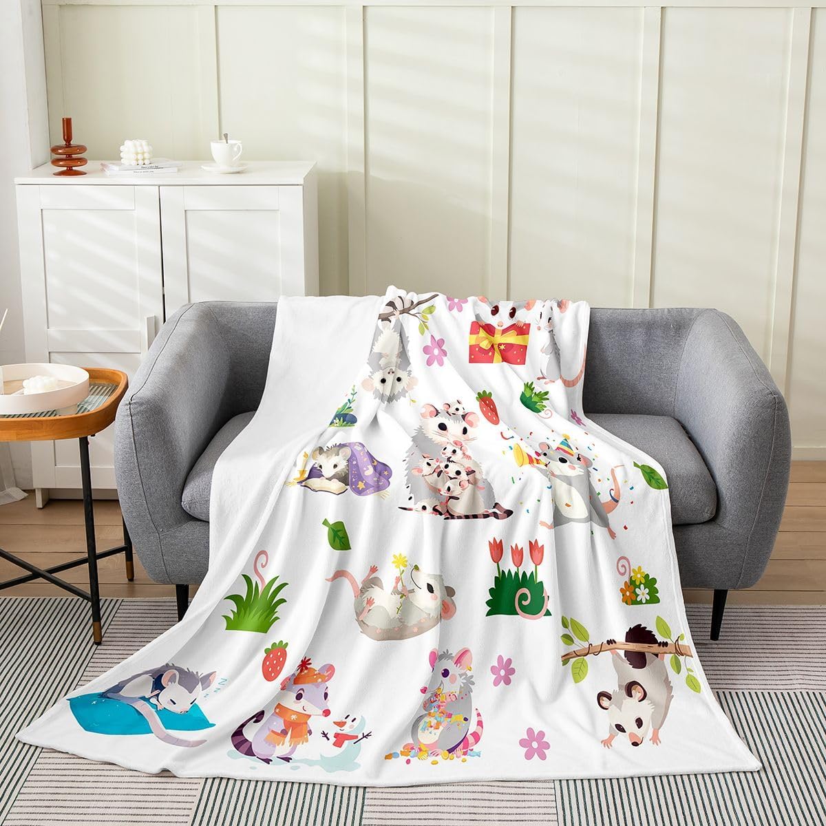Feelyou Opossum Flannel Throw Blanket Baby 30"x40" Kids Possum Gifts Plush Blanket for Boys Girls Possums Decor Fleece Throw Blanket Cartoon Possum Stuffed Animal Fuzzy Blanket Plush Blanket