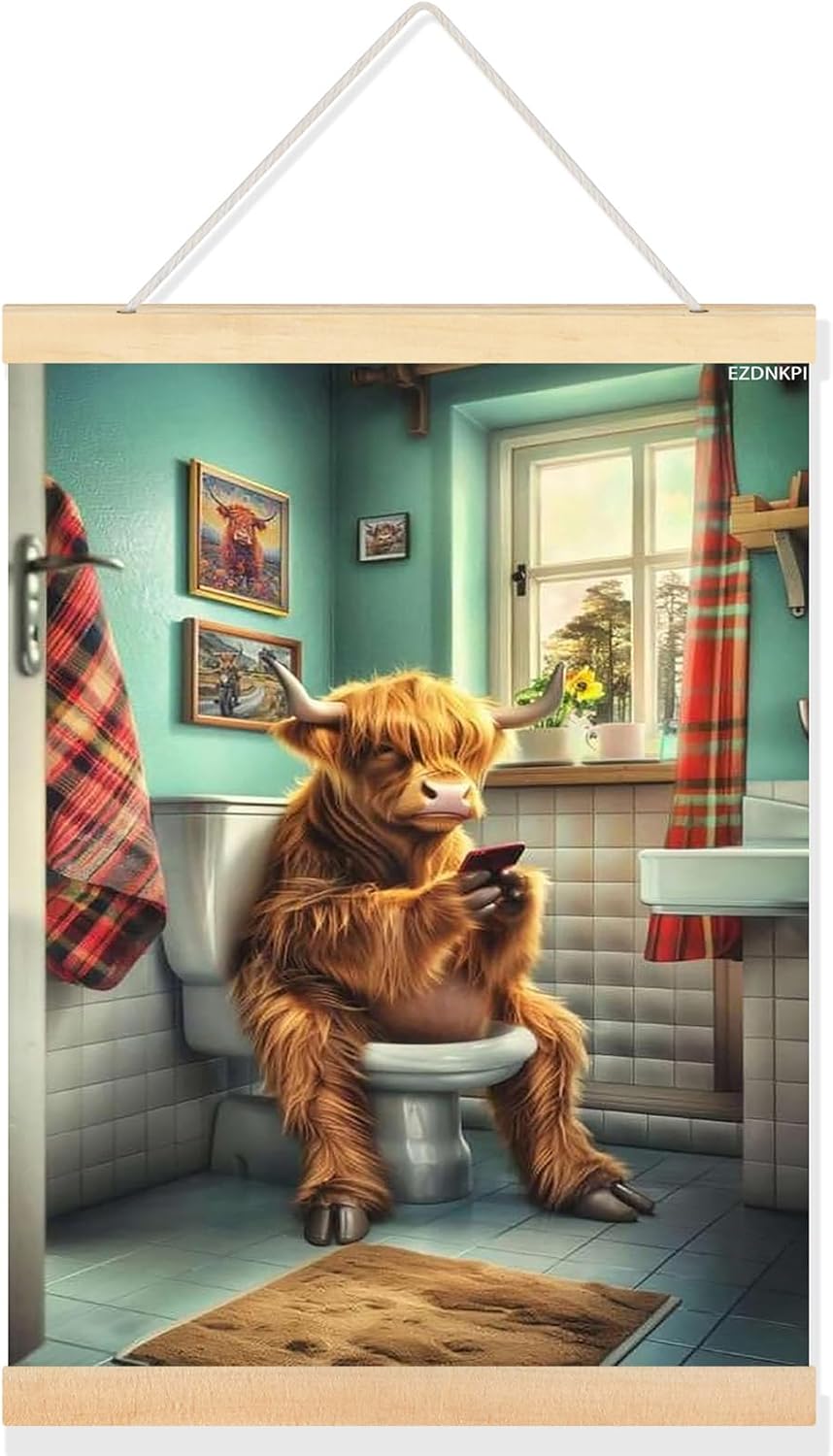 EZDNKPI Cow in Bathroom Reading Newspaper Funny Bathroom Poster Canvas Printing Picture Farmhouse Bathroom Wall Art Decoration 24x36inch Framed