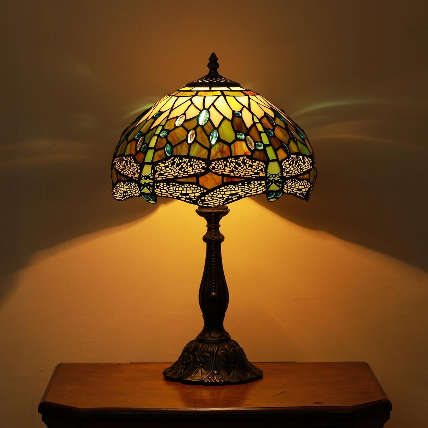 Tiffany Lamps White Brown Dragonfly Style Stained Glass Table Lamp Desk Bedside Reading Light 12X12X18.5 Inches with Bronze Resin Base Applicable to Bedroom Living Room Office