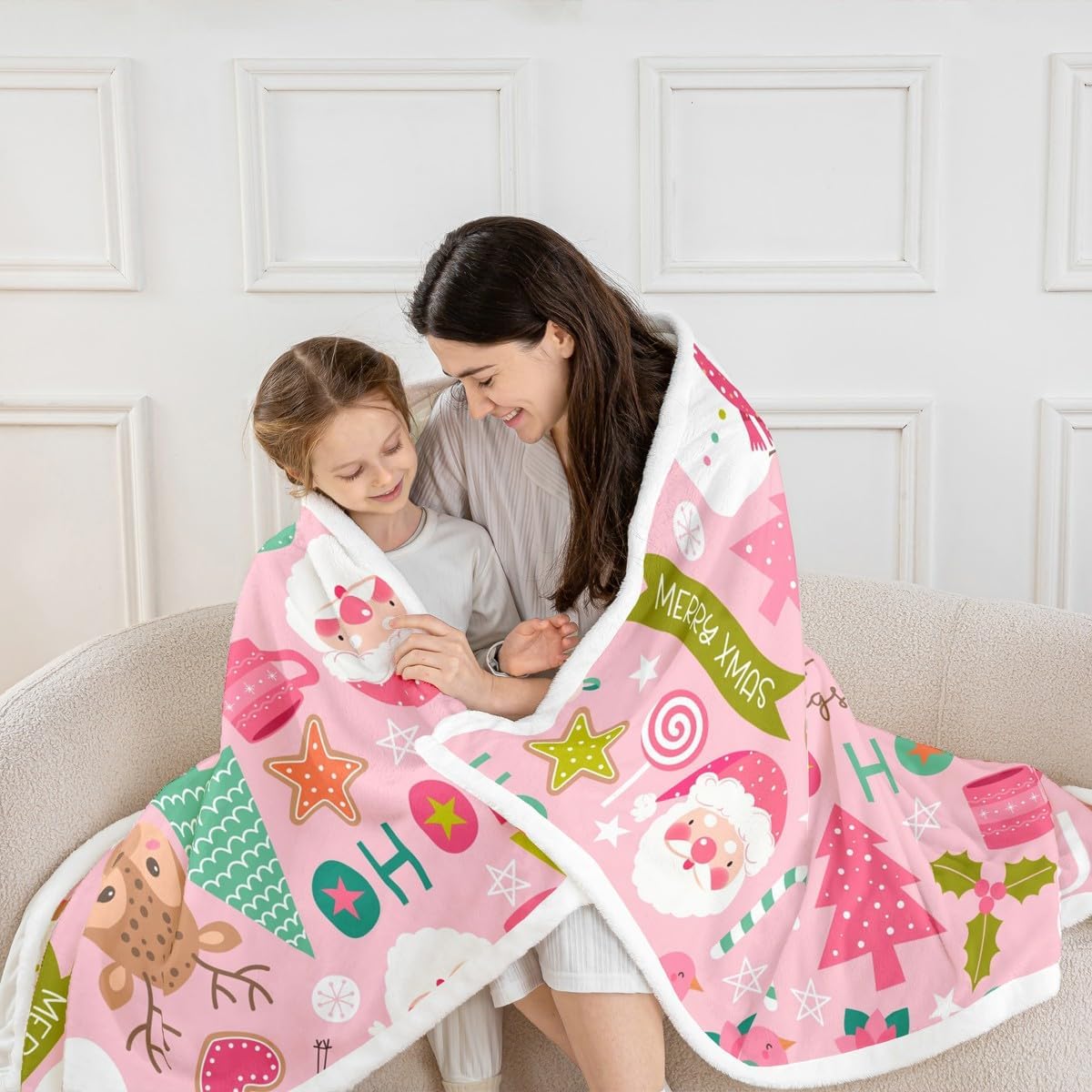 Erosebridal Pink Christmas Throw Blanket - Cartoon Santa Claus Fleece for Kids, Boys, Girls, Women - Snowman Pine Fuzzy Sherpa With Christmas Tree, Cute Deer - Baby Size Xmas Decor