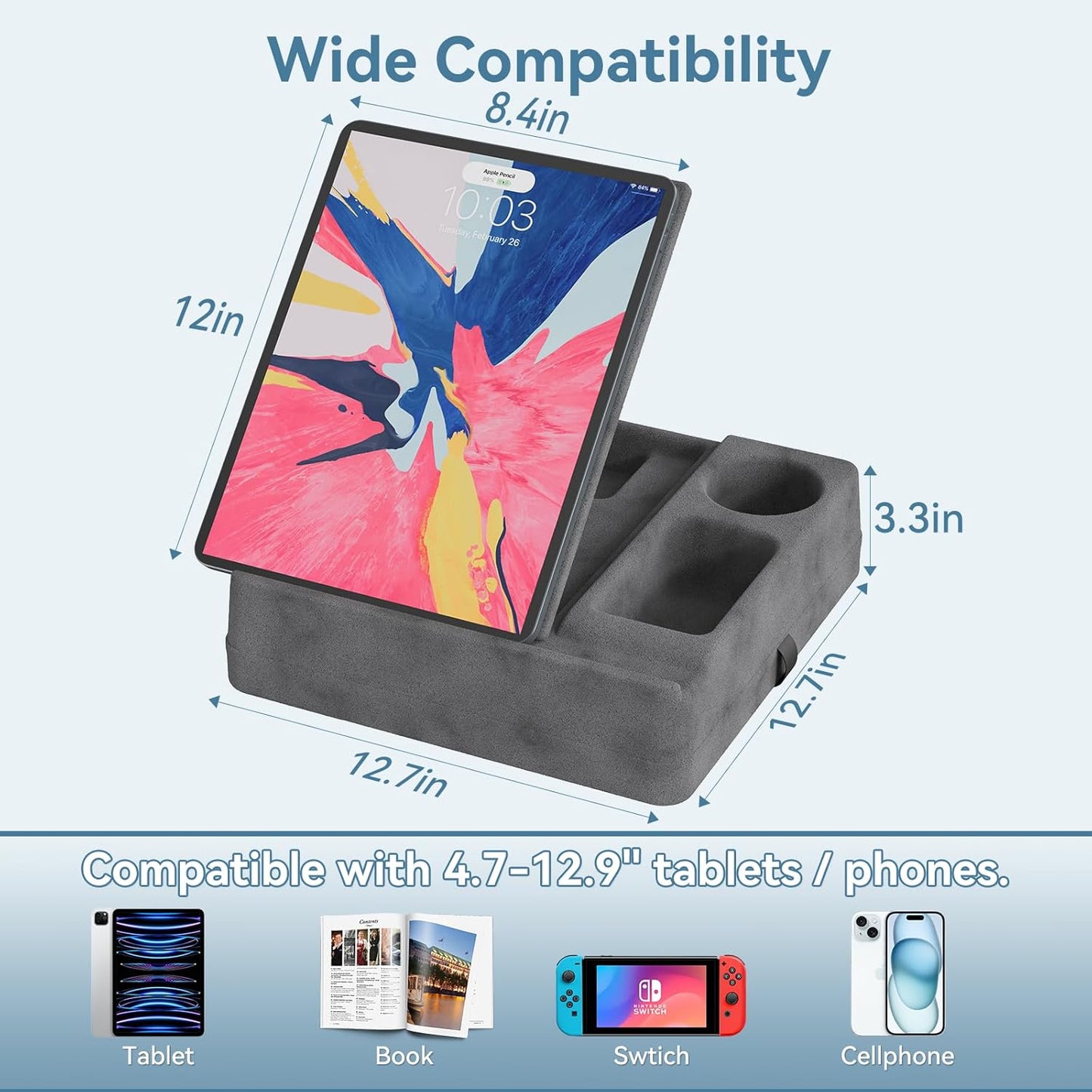 Tablet Pillow Stand for Lap, Bed and Desk, Foldable Soft iPad Holder with Snack Bowl for Kindle,Phone,Tablet,E-Reader,Free Reading and Relaxation on Bed,Couch,Recliner,Gray