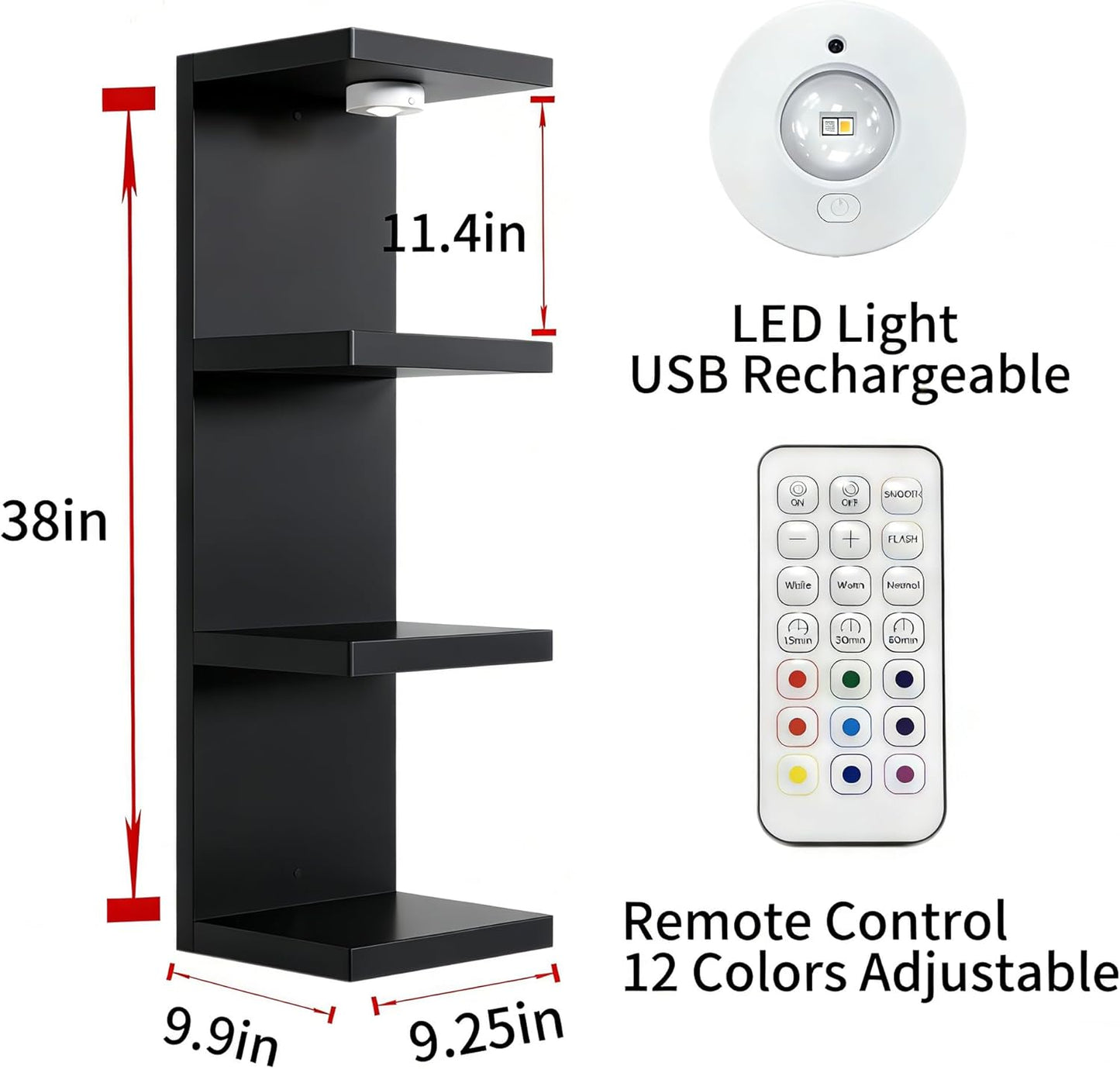 4 Tier Wall Shelf Unit Black Floating Shelves with LED Lights,Lack Wall Shelf,Versatile Floating Shelves for Home Decor Organizer Books Decor