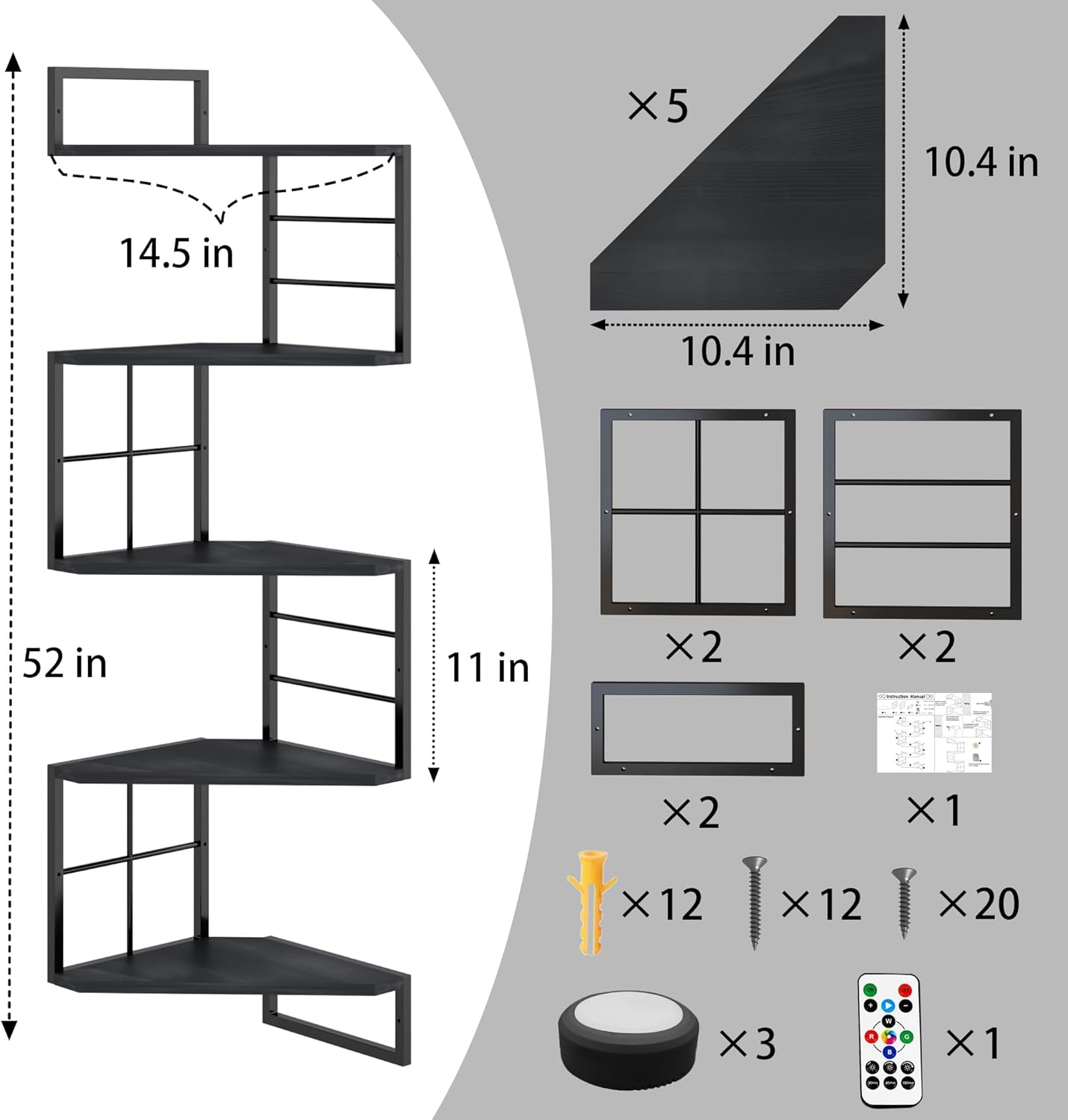 Floating Corner Shelves with Light - 5 Tiers Metal Corner Shelf Wall Mounted for Bedroom Living Room Office Kitchen, Easy-to-Assemble Corner Wall Shelves, Black