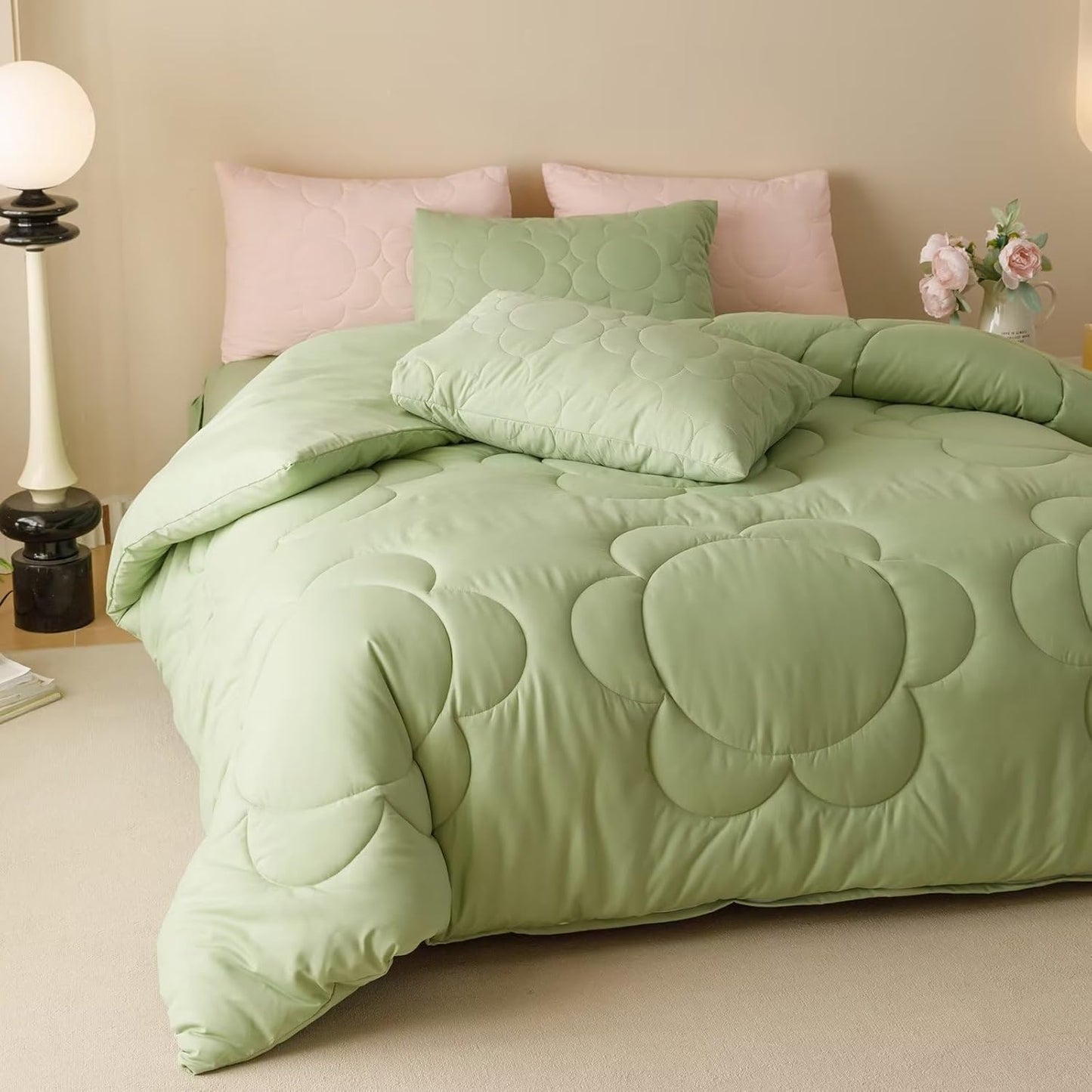Cottonight Sage Sunflower Comforter Set - Queen Size, Light Green Floral Bedding Set - Women's Boho Farmhouse Chic Blanket & Quilts - Soft, Breathable, Grass Green Printed 3 Piece Set