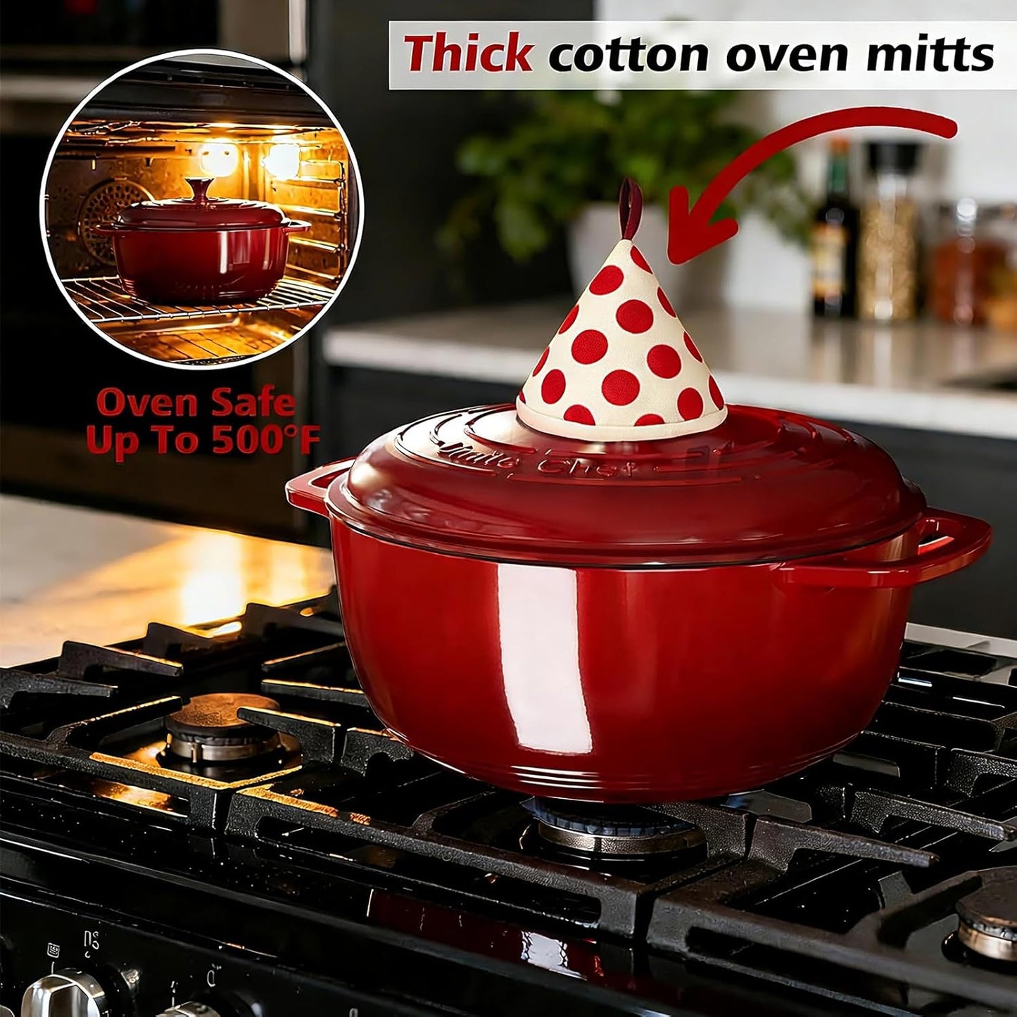 Umite Chef 6QT Enameled Cast Iron Dutch Oven with Lid, Versatile Heavy-Duty Cookware Pot for Baking Bread, Braising, Soups & Stews, Oven & Stovetop Safe with Heat Resistant Gloves（Red）