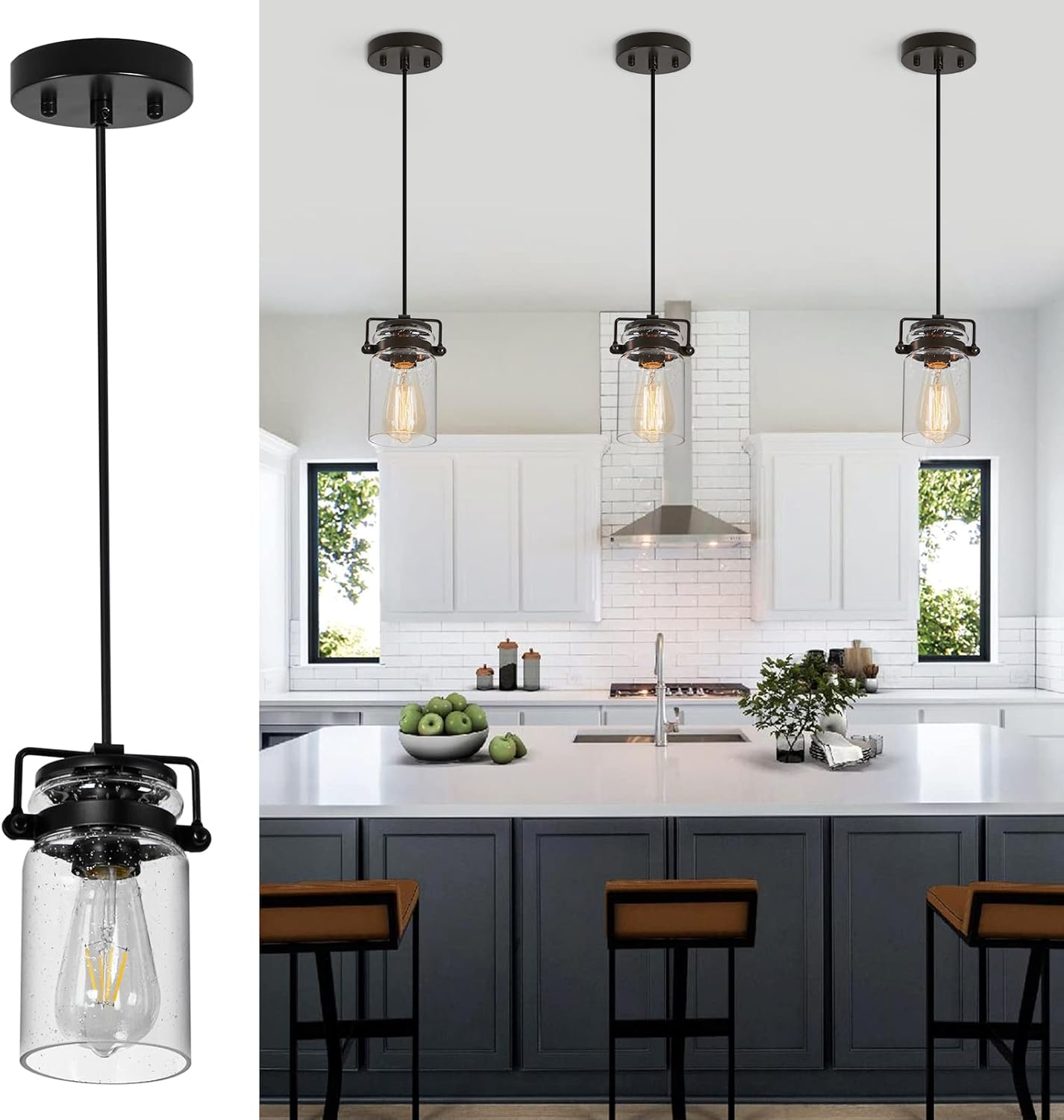 Pendant Lighting for Kitchen Island, Modern Glass Pendant Light Linear Chandelier for Dining Room, 1 Light Industrial Hanging Light Fixture Adjustable Cord Farmhouse Ceiling Light Black Finish