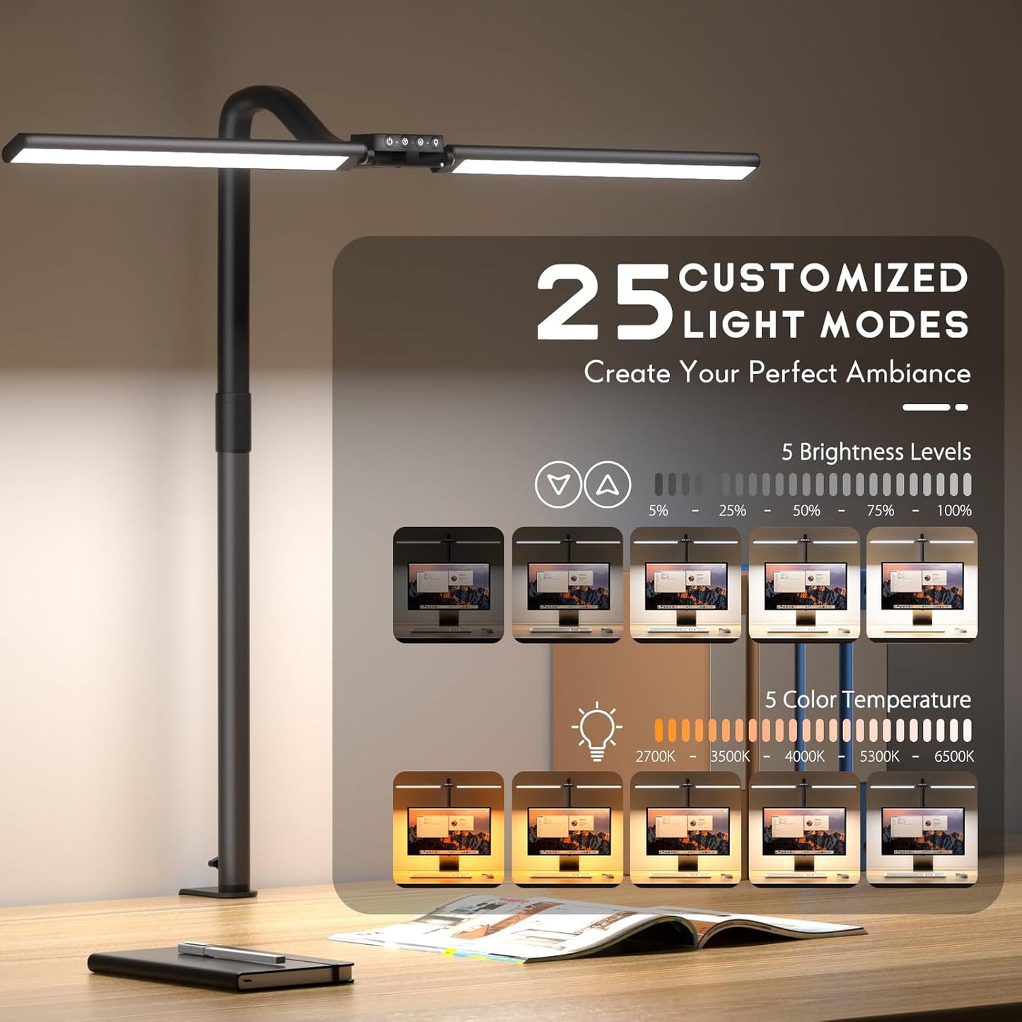 Quntis Desk Lamp for Home Office, 30.7'' Double Head Architect Desk Light with Clamp, 24W Bright 25 Lighting Modes Eye Care No Glare, Adjustable Gooseneck Task Lamp Workbench Reading Study, Gray
