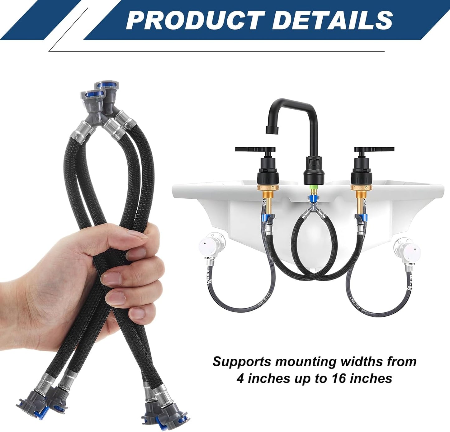 2 Pcs 12 Inch Quick Connect Water Hose Faucet Supply Lines Hot & Cold Water Mixer Line Replacement V-shape Widespread Bathroom Sink Faucet Y Hose with Snap-in Fast Lock Pipe(Black Blue)